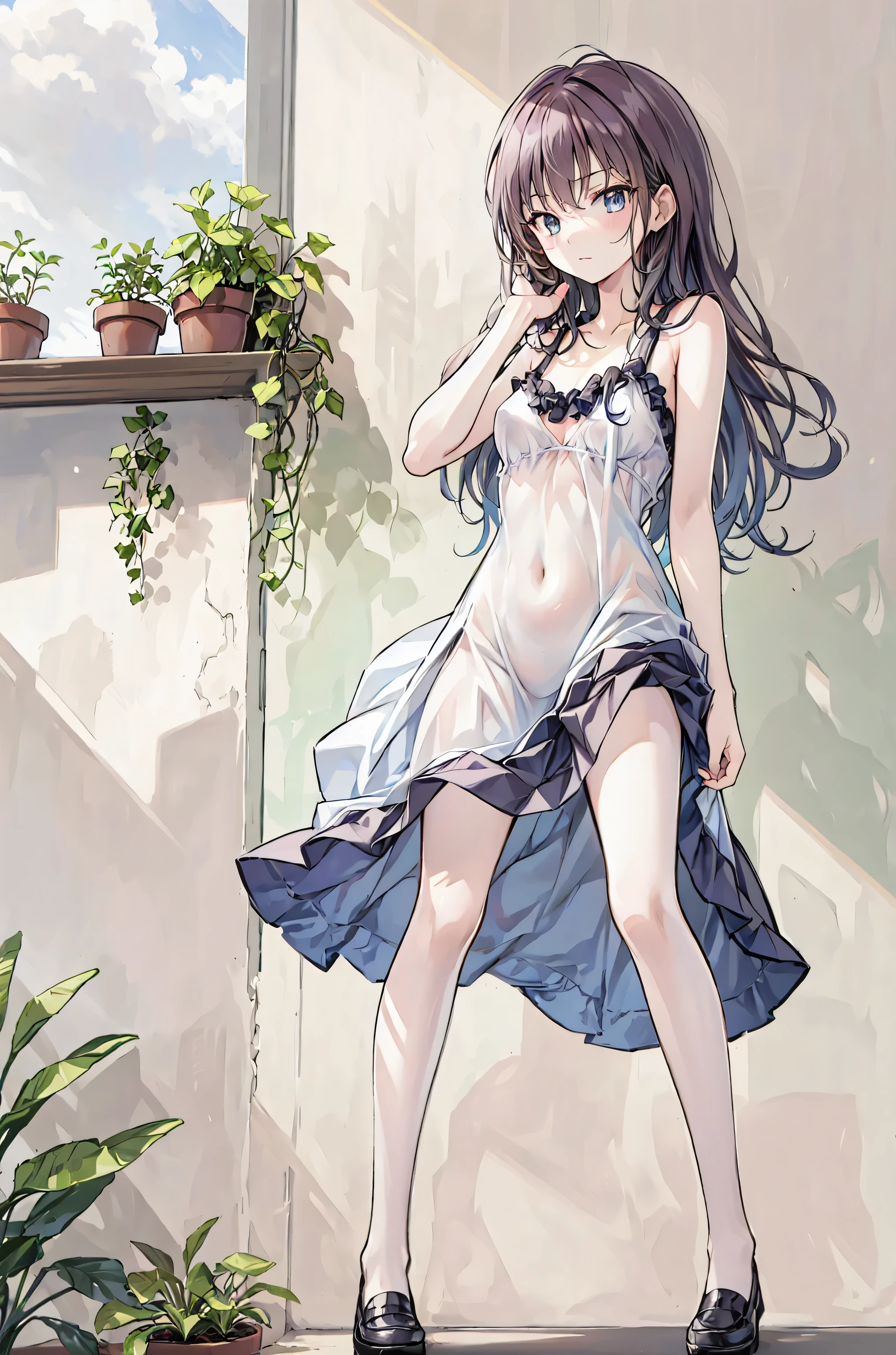 work of art, best qualityer, absurderes, perfect antomy, 1 girl, standing alone, PascalTales, shorth hair, comely, happy, Sunnyday, Botanical Garden, summer breeze, summer dress, flower print, wavy hair, smiling
