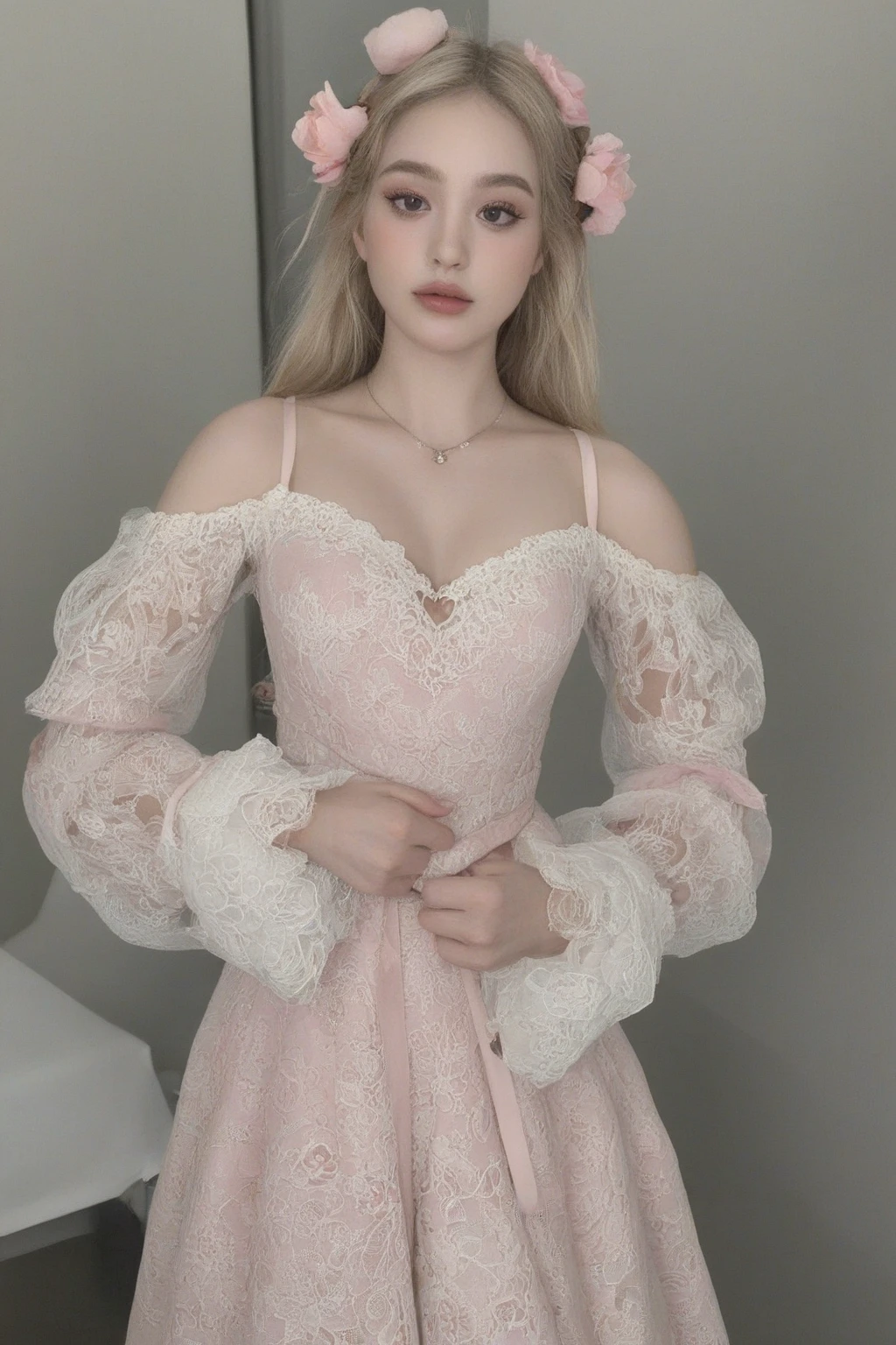 An 18 years old European girl with pale skin and long, wavy rose_gold hair. large and magenta colored eyes, full lips, with an adorable, and innocent face. She should have a happy expression, wearing a luxurious, flowing dress. The dress features a white base with a soft pink gradient from the waist down, and is adorned with intricate golden patterns resembling lace or spider webs. The bodice is form-fitting, with a heart-shaped, off-the-shoulder neckline, and a golden ornament at the waistline. She wears long, transparent bell sleeves with golden patterns. The skirt is long with a slight open front, revealing tight-fitting white leggings underneath, and has a small train at the back. The character also wears white ankle-high boots with pink accents. Accessories include a small round pendant on a choker necklace and golden hair ornaments with red decorative pieces extending from them. The overall aesthetic is elegant, ethereal, and fit for a royal or divine figure in a high-fantasy setting. small chested, slender, petit, cinematic lighting, chromatic aberration, backlighting, masterpiece, high details, high quality, 4K.