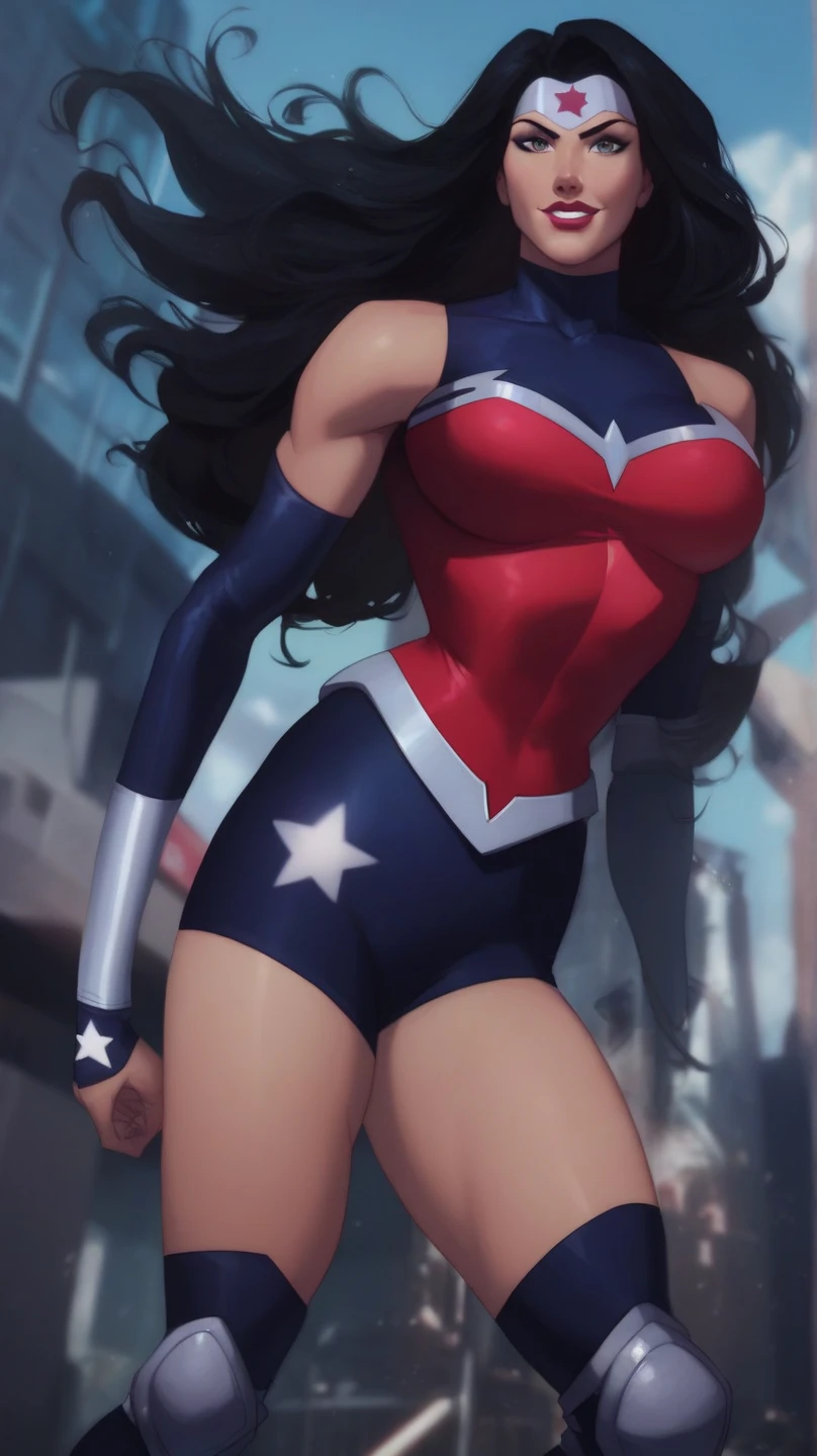 (masterpiece:1.2), (best quality:1.2), perfect eyes, perfect face, perfect lighting, 1girl, MILF, Female, superhero, leotard, bare legs, hands on hip, full body, city backdrop, 1girl, Wonder Woman,
