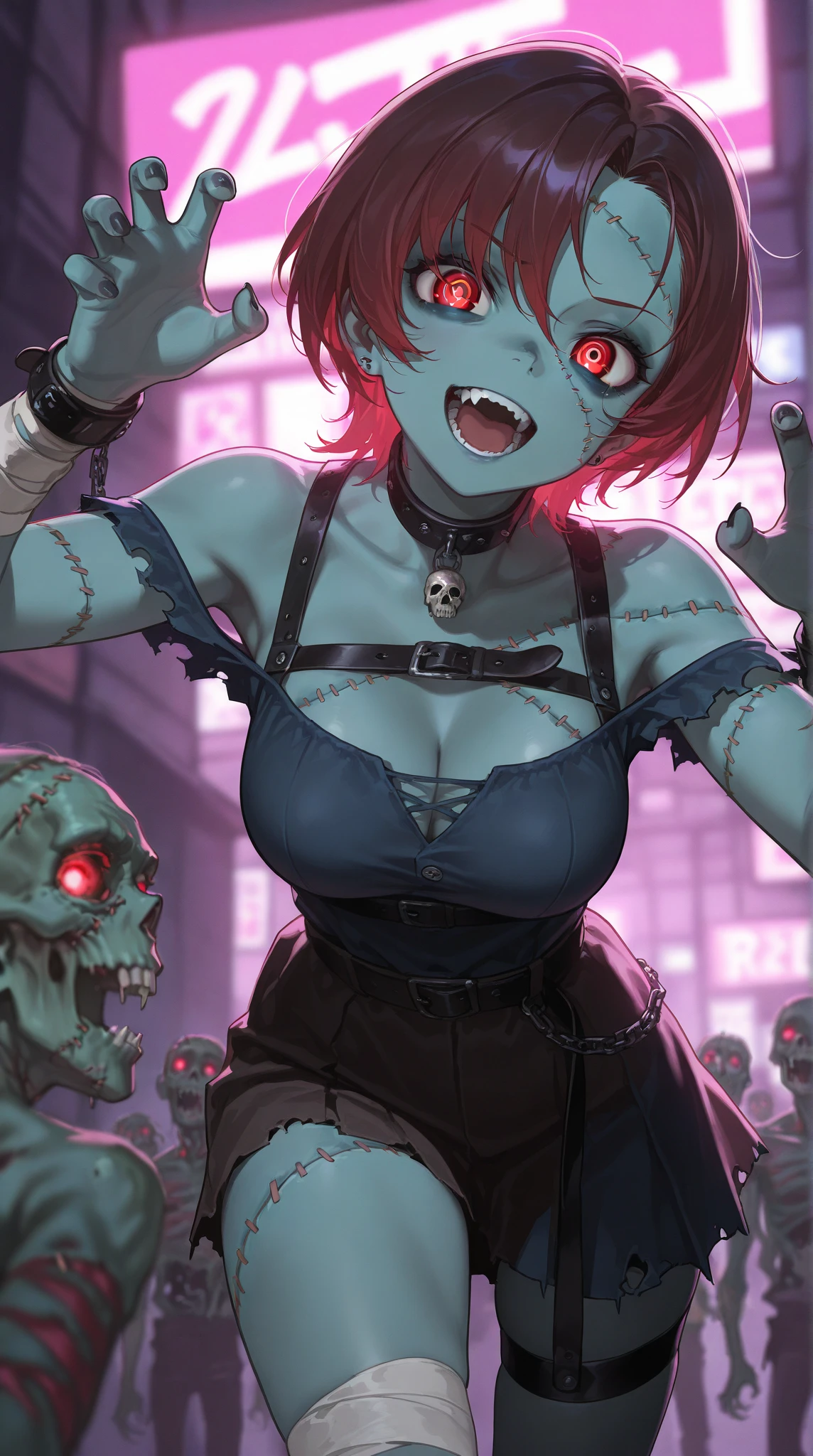 big lips, Brown hair, pink eyes, japanese face, improve, improve grin, two sides up, huge breasts, Wide hips, sexy, detailed, pink room, Hits, (evil smile1.4), kawaii, pleated skirt, punk, GOOD, zombie costume, zombie shirt, zombie choker, zombie skirt, dezombie shirt,navel piercing