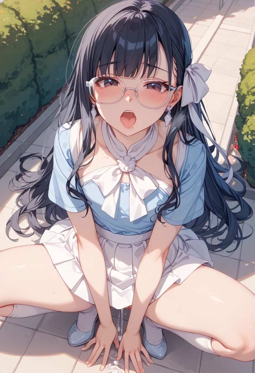 Super detailed, best quality, High resolution, Moe anime, ((A cute girl with black hair and droopy eyes wears round glasses.)), (baby face), cute eyes, detailed eye description, brilliance of eyes, Looking at Viewer, pale skin, (((petite))), (Big eyes:1.4), smile, focus on the face, In the park where cherry blossoms dance, sitting with one's knees up, open mouth, (((face only:1.3))), ((sheer white wedding dress)), nsfw, Nipples are showing through, bright eyes, skirtlift, Soaking wet pussy