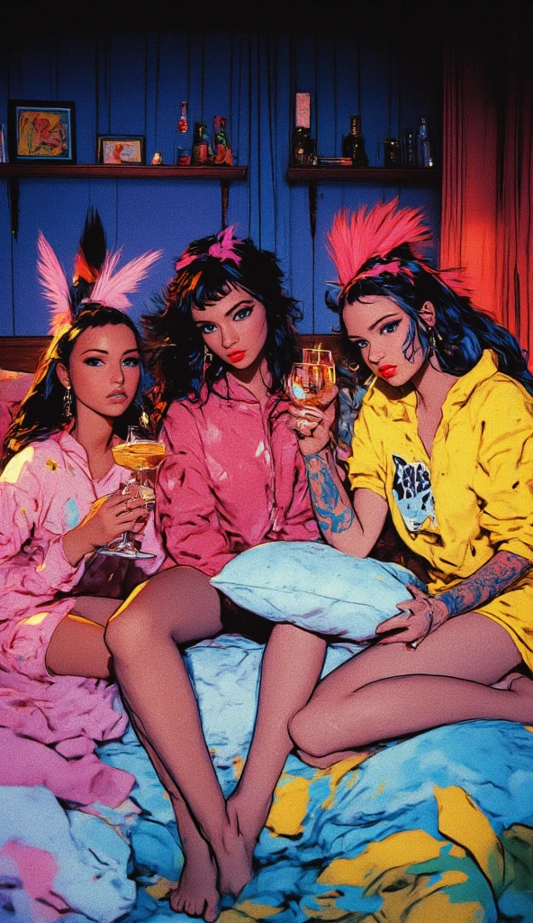 A Norman Rockwell style illustration of a profile view of three Smiling, reclining, embracing, pert, nubile, thin, pretty teen girls with 50s style hair, topless, bare breasts, small breasts, pink nipples , puffy nipples , exposed nipples , wearing bondage harnesses, with pink and black leather straps, spiked collar, iridescent sparkles on chest, white cuffs, white collar, hip straps, iridescent dripping , reclining on pillows, reclining on a huge sofa, in a pink neon, yellow neon room, glowing neon cage bra