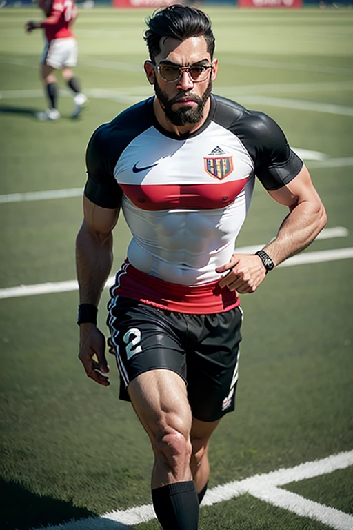 40 years old indian mustache mascular tan skin jaat with wetty white shirt with sweat, Full body, indian rugby player, sport tight pants, vpl, rugby esportive dirty uniform , captivating large eyes, large lips, volumeric light, wearing team rugby uniform, muscular chest, long legs, left neck look, neck tribal tattoo, Wide shoulders, nice detailed hands, sitting in locker room background, sunny day, daylight, His perfect( big huge penis) is (coming out) of his pant,masterpieces 