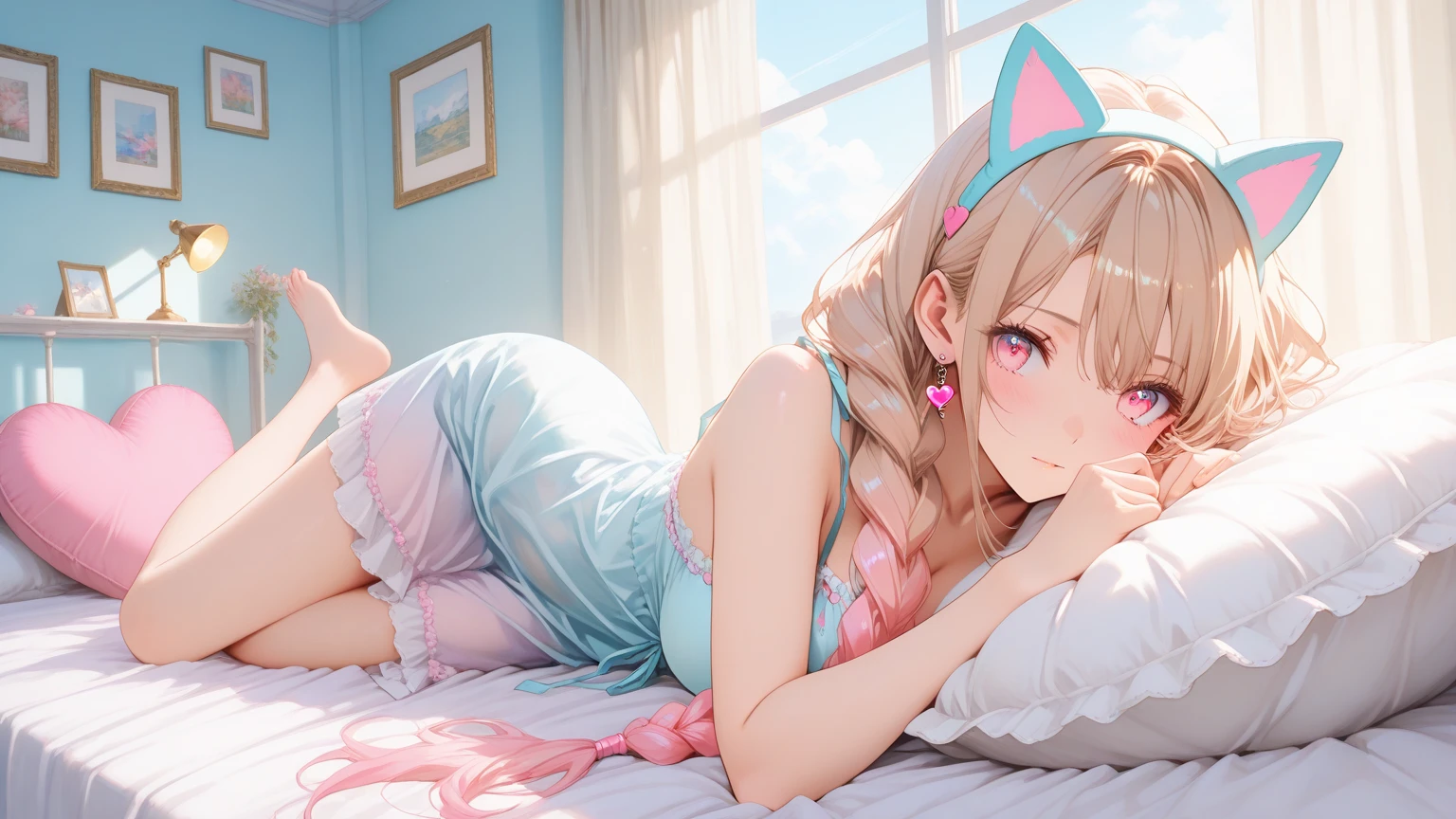 ((8k, 16k, highest quality, masterpiece, Very detailed, Super detailed, Official Art)), Semi-realistic illustration, Realistic anatomy, One Girl, 16 years old, nude, Browsing Caution, (Baby Face), (Glowing Eyes:1.2, Highlight Eyes), (Beautiful Eyes, Perfect Eyes), Venus Park \(umamusume\), (Pink horse tail), (Very small breasts), Beautiful Face, Pink Short Hair, blush, View your viewers, ((Oversized white business shirt, half open shirt:1.2, Bottomless)), ((Cute Smile)), ((Bedroom, Sitting on the bed, wariza:1.2)), (Dynamic Angle:1.3, Face Focus), skinny, (close:1.2), Young Body, (Soft and warm lighting), ((Detailed Background))