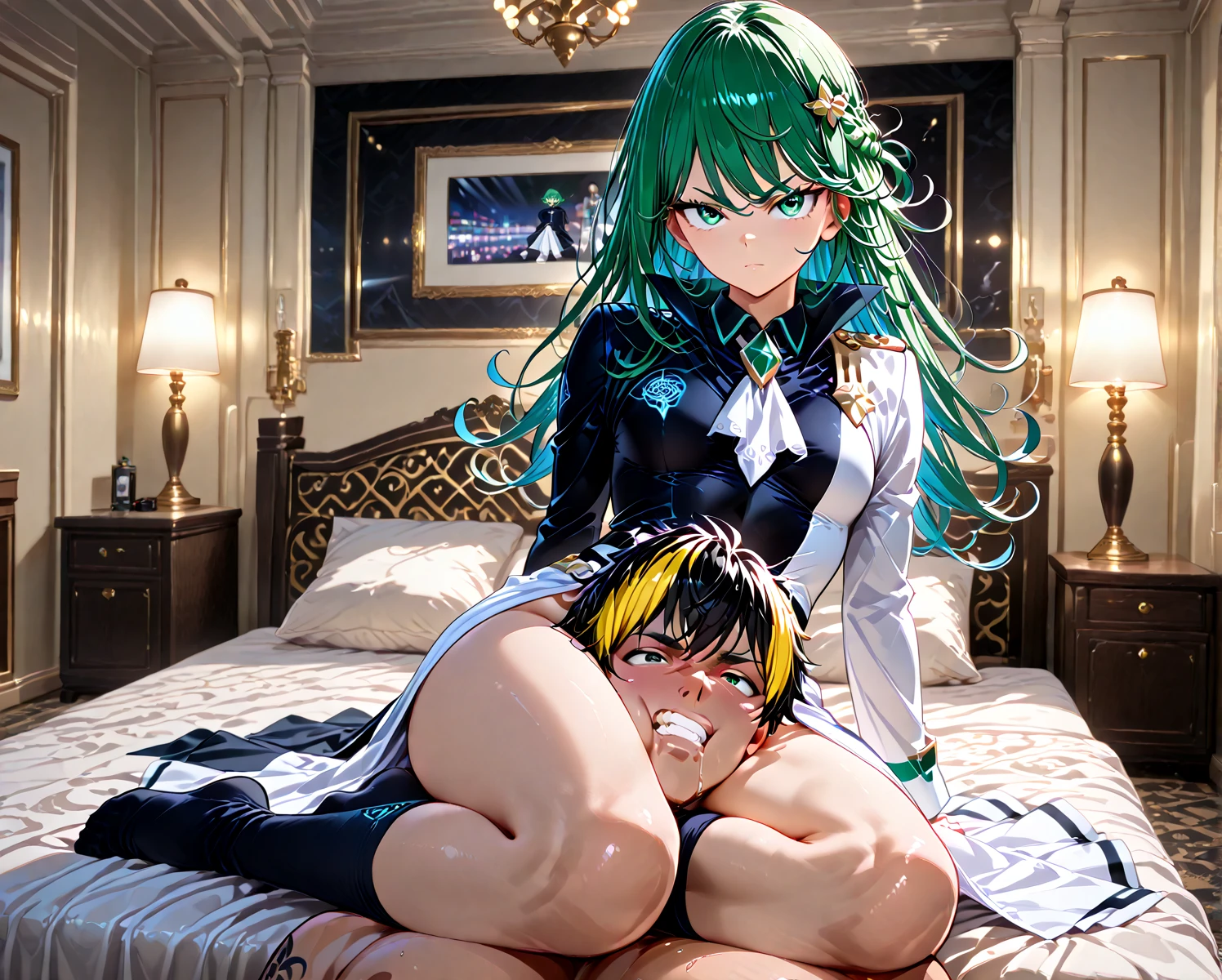 BREAK Perfect Anatomy、(High resolution:1.2)、Incredible illustrations、(Cute illustrations:1.2)、(nsfw)(cinematic angle,ceiling,solo focus,) 
（Beautiful background（sleeper train suite interior))

1girl((male focus,tom girl)(a girl, 1.7meters, 45kg,,dark skin:1.6,green eyes,silver hair,hair over one eye,long french braid,lipstick:1.2)(light smile)(netorare、on the bed)
(tyrolean hat,rail road man's coat,Vest jacket with lines,silk sexy lingerie,lace up stockings,high slit long tight skirt,workman's boots)(repe:1.4)

