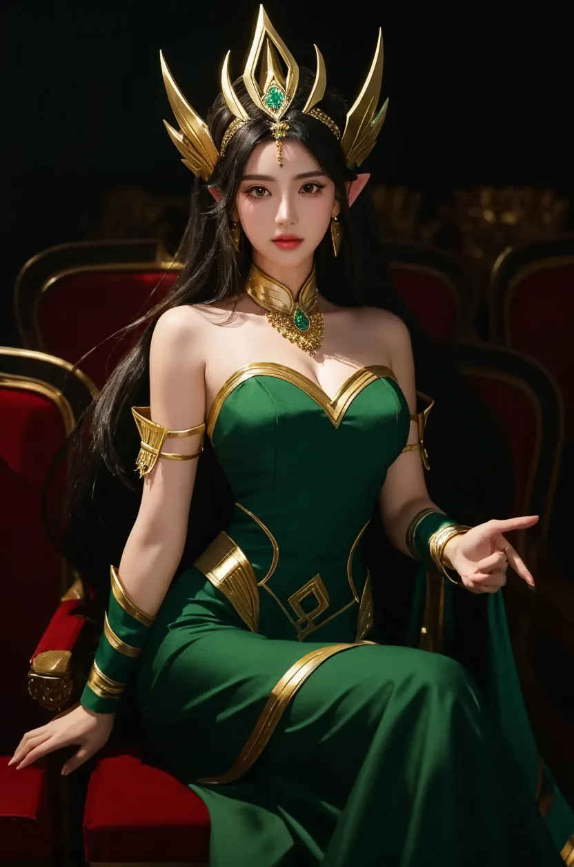 Arapefi, Green princess dress, seated on a throne,wearing high heels,Look from the front,next to a big window, close-up from the front, next to a window, sitting in a castle, Sense of transparency,(oversized boobs,1.5),Expose cleavage,Turn around and look at the camera,tmasterpiece,Flawless,Sense of transparency,Empty inspiration,More details and decoration,(Expose the whole body,1.8),Exposing thighs,,long leges,8K,(Wear decorations such as rings,1.9),White-colored skin,Ornate ornament,Waist stockings,one-girl