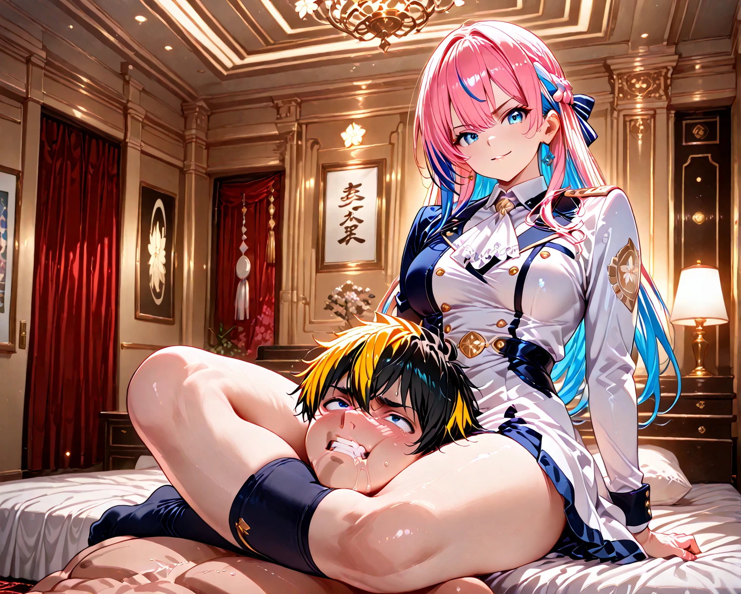 (score_9, score_8_up, score_7_up, score_6_up:1.5), (ai-generated:1.5), (Maximize Detail Slider:1.5), (Insanely Detailed:1.5), (source_anime:1.5), sangonomiya kokomi (genshin impact), (vaginal:2.0), (on back:2.0) BREAK 1girl, hetero, 1boy, penis, sex, (interracial intercourse:1.5), breasts, bow-shaped hair, (taking from behind:2.0), uncensored, (shocked:1.5), nipples, (panty pull:2.0), pink hair, skirt, closed eyes, long hair, cheerleader, gag, lying, on back, cloth gag, pom pom (cheerleading), blush, white panties, blue skirt, improvised gag, clothed female nude male, legs up, gagged, (seductive buttocks:1.6), (shapely legs:1.6)