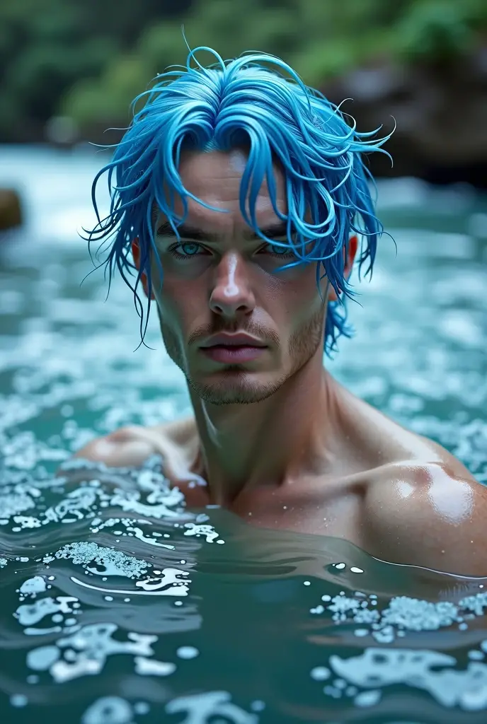 man with blue eyes and blue hair in the river but with traces of the water element 