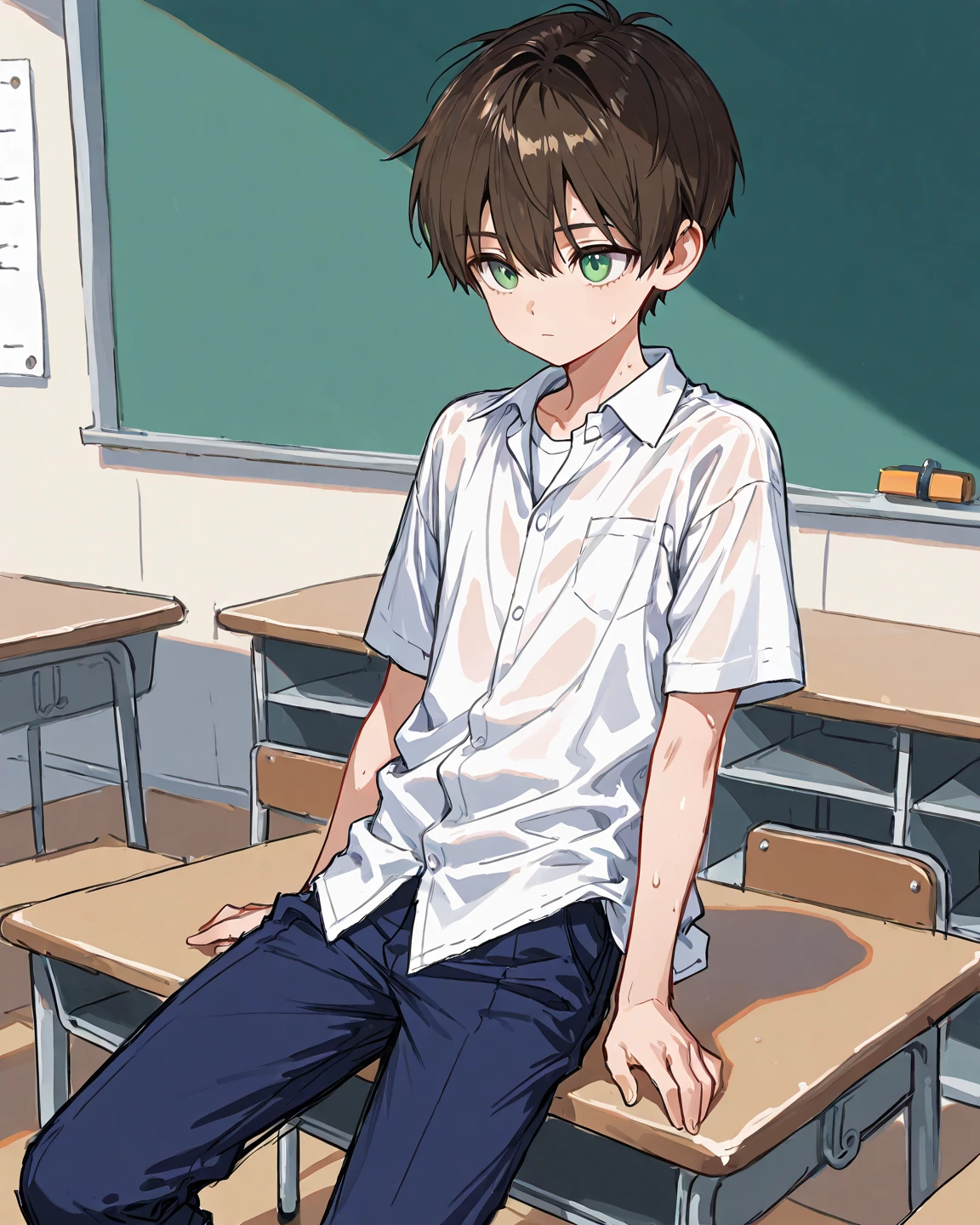 A little boy in elementary school, Brown hair and green eyes, Wearing a blue cotton shirt and cotton pants, ((pee stain)), Happy, Sitting on a stool in the classroom with legs spread