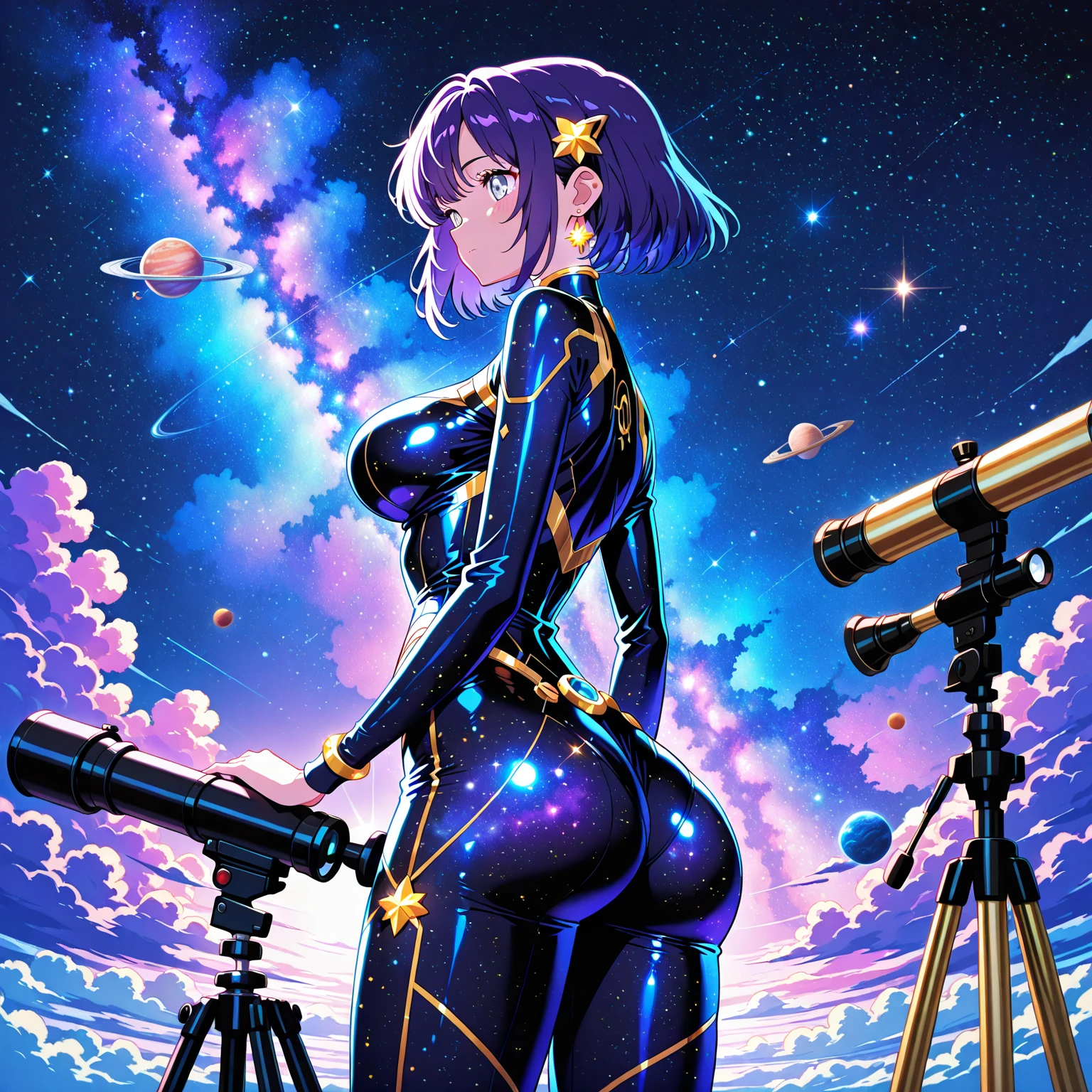 (1 girl), (solo), ((amanogawaki)), best quality, highres, high quality, 8k, HD, super detail, anatomically correct, UHD, accurate, (masterpiece:1.0), (high quality:1.0), (ultra detailed), (Planets on a Galaxy background), Looking Back, Looking At viewer, Serious Face, detailed eyes, (Black Leotard), (Black thigh Highs), (perfect hands), (Thick Hips), (Thick Thighs), buttcheeks, Purple eyes, (detailed eyes)