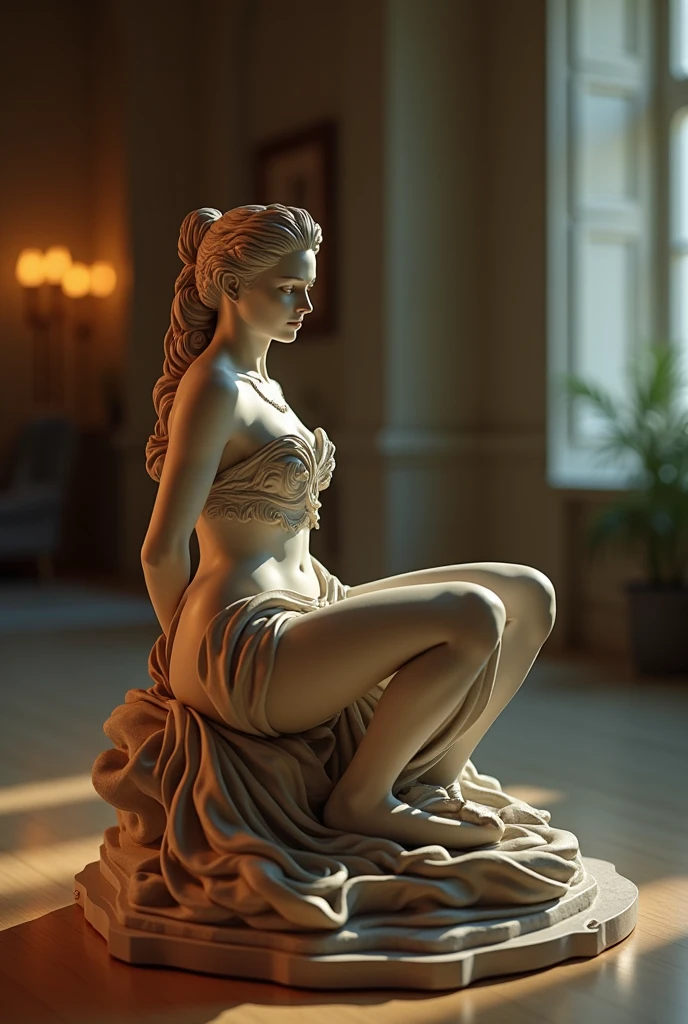 create an exceptionally realistic image of a marble statue in the style of Octane Render, depicting a standing beautiful naked woman, Elegantly positioned in a cultured pose. The smallest details and precise proportions are essential to convey beauty and aesthetic perfection. The statue should display realistic textures and reliefs, Imitation of marble and its nuances. Lighting must be carefully adjusted, to improve the stats of the statue, while realistic shadows add depth to the composition. The female figure must be completed naked, emphasizing the delicacy and sensuality of the pose. Every detail of the statue, From the features of the face to the nipples and vagina, must be cut with precision. Symmetry must be flawless, reflecting the classical aesthetics of Greek sculpture. The Greek style should be emphasized, to capture the grace and harmony of human forms. The image must be rendered in 8K UHD using Octane Render, Delivering Exceptional Clarity, to appreciate every detail. The final scene should be a visual masterpiece, celebrating feminine beauty and sensuality, embodying the timeless elegance of Greek style in an artistically refined performance