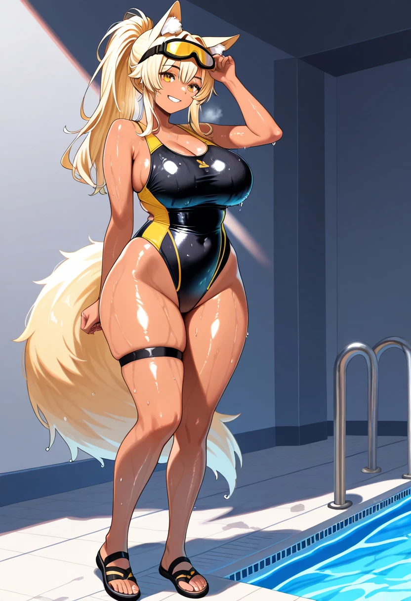 "Dynamic pose of a person with oil-slicked skin, sporting a competition swimsuit, and boasting flowing hair. Thigh-high stockings, an Ahegao expression, and blushing."