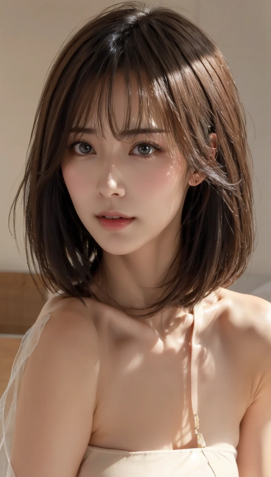 Photorealsitic、masuter piece、top-quality、hight resolution、Raw photo、realisitic、Bright lighting、face lights、Smooth professional lighting、Women in Japan、 Lady、Beautuful Women、modeled、gravure、A sexy、Super beautiful、realisiticで美しい肌、Beautiful and detailed eyes、A detailed face、slim、medium large breasts、short-hair、brunette color hair、eyes are brown、nudde、セミnudde、フルnudde