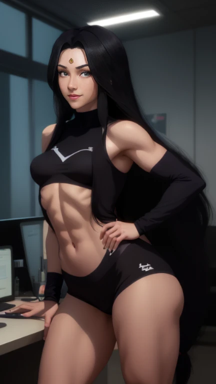 (cabello despeinado), (illustration), retrato, (fondo de ciudad futurista), (arms behind back), Cintura delgada, gran sonrisa, abdominales fuertes, chica delgada, strong abs, muscle girl, front pose, big thighs, focus on face, flat chested, large city background, blue hair, red eyes, skirt, sit on rock, detailed vagina, nude, heavy armor suit