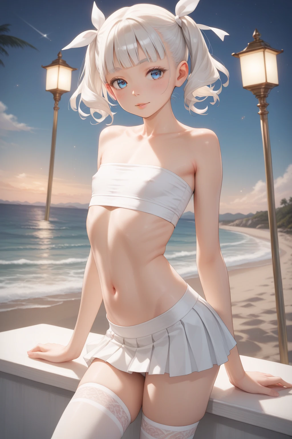1girl, beautiful girl, cute girl and idol face, young face, smile, white skin, short hair, bob cut hair, silver hair, antenna hair, shiny hair, shiny skin green eyes, beautiful eyes, medium breasts, White micro bikini, see-through, Under the sea