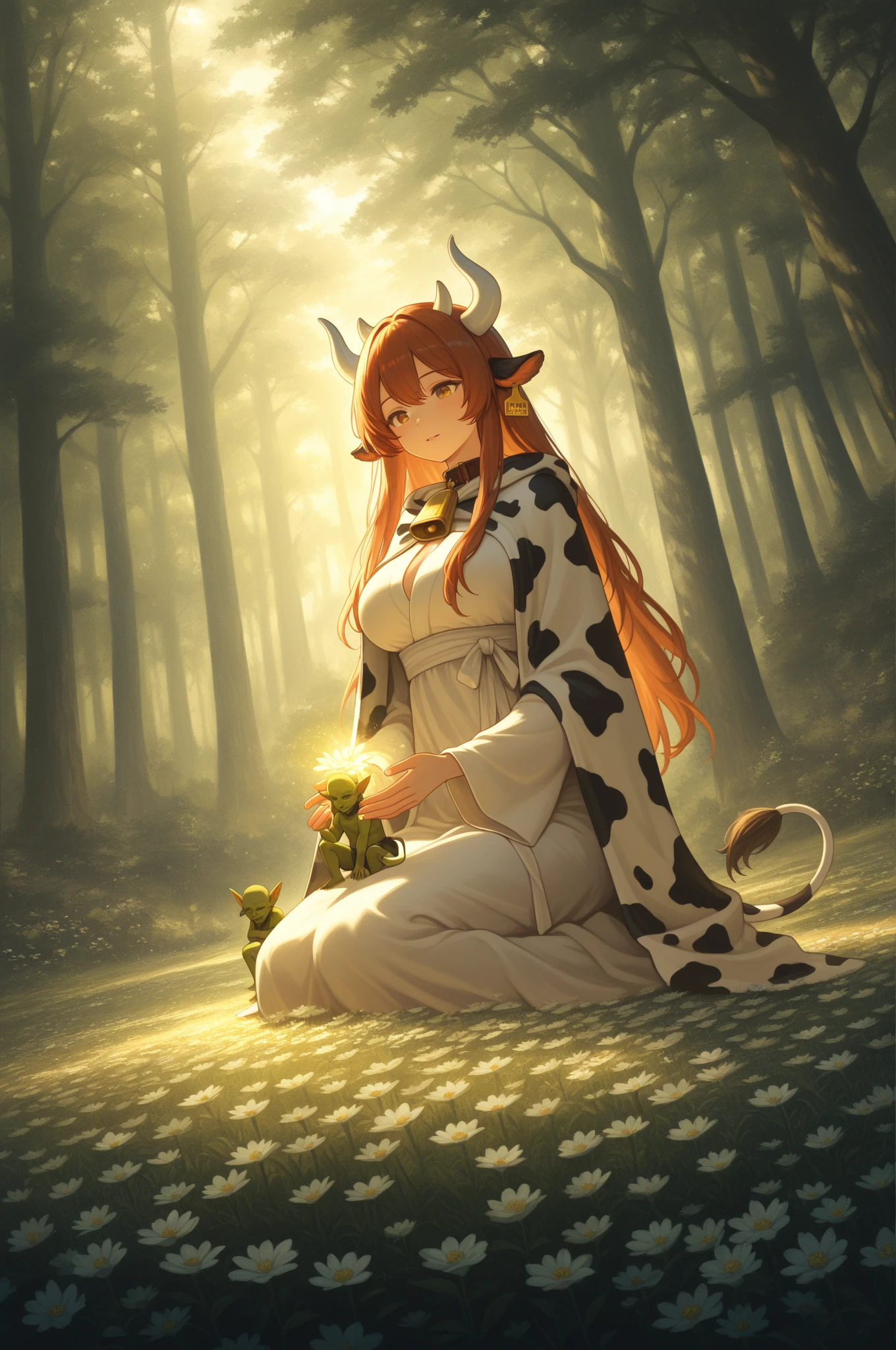 centaurcpt, solo, 1girl, raised eyebrow, sitting, glittering light, Nephrolepis \(flower\), floral background <lora:centaur_cpt_v01:1>