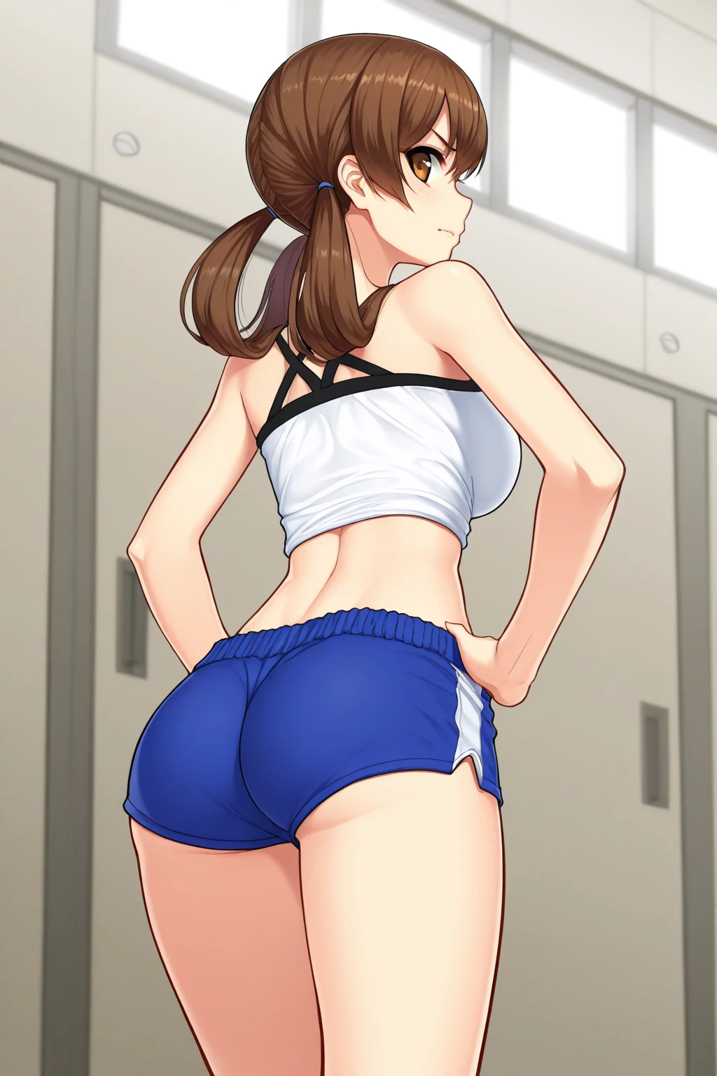 1girl, best quality, Ritsu Tainaka [K-ON!], simple background, minimalist background, simplistic background, minimalistic background, gym outfit, buruma, blue buruma, short hair, hairband, yellow hairband, Parted bangs, from behind, wide hips, butt, large butt, large ass, suggestive