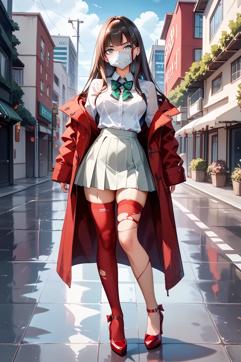 ((best quality)), ((highly detailed)), masterpiece, extremely detailed face, beautiful face, , <lora:more_details:.2>, (1girl), (glasses), dynamic pose, full body, <lora:BibleBlack_SchoolDress:.75>, CLOTHING_BibleBlack_SchoolDress_ownwaifu, white shirt, collared shirt, long sleeves, black vest, red necktie, red skirt, pleaded skirt, suspenders, zettai ryouiki, black thighhighs, superhero, spandex bodysuit, skin tight clothes, long cape, gloves, knee boots, (flying), smile, (outside, <lora:school_outdoors_v0.2:1>, at a school, building, gate, fence, sunset, raining)