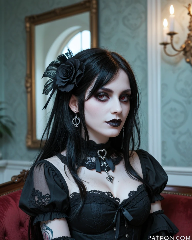 4K, Masterpiece, highres, absurdres,
[ballgown|edgMarquise], edgMarquise, a woman with a black wig and a red lipstick ,with a edgMarquise_hairstyle, wearing a ballgown
 <lora:MarquiseGown:0.7>