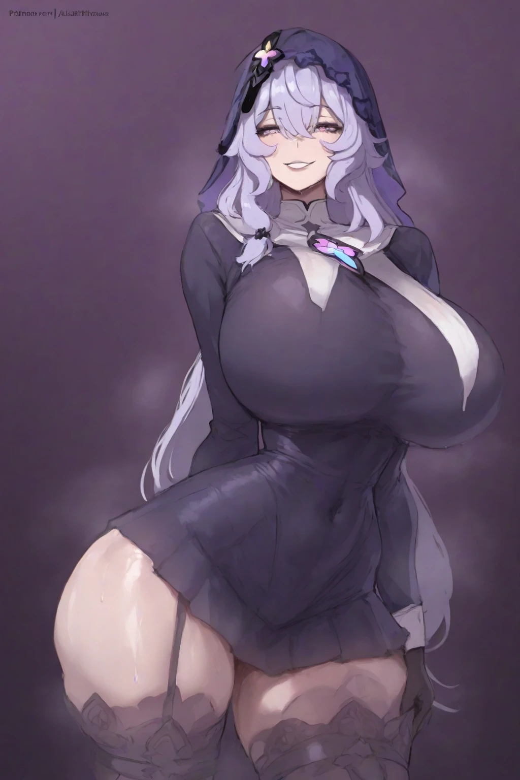 masterpiece, 1 girl, alone, Shortcuts, , Niijima Sae (persona 5)、Big Breasts, Mature Woman, Glare,Sharp eyes, Silver Hair、Lilac eyes, Empty Eyes LoRA / utsurome / Hypnotic suggestion, uniform, Pose standing thigh sex,Thick thighs, Hypnotic Pendulum,Hypnotic state,Hypnotic stateの目,squint,Open your mouth wide vertically,Oho face,Sweaty,Stuffy stuffiness,全身Sweaty,White off-shoulder sweater,I can see the valley,Put your arms behind your head,Stuffy stuffiness,Steaming, (Huge breasts:1.4), Putting on a collar,Fishnet tights,Heart pattern nipple stickers