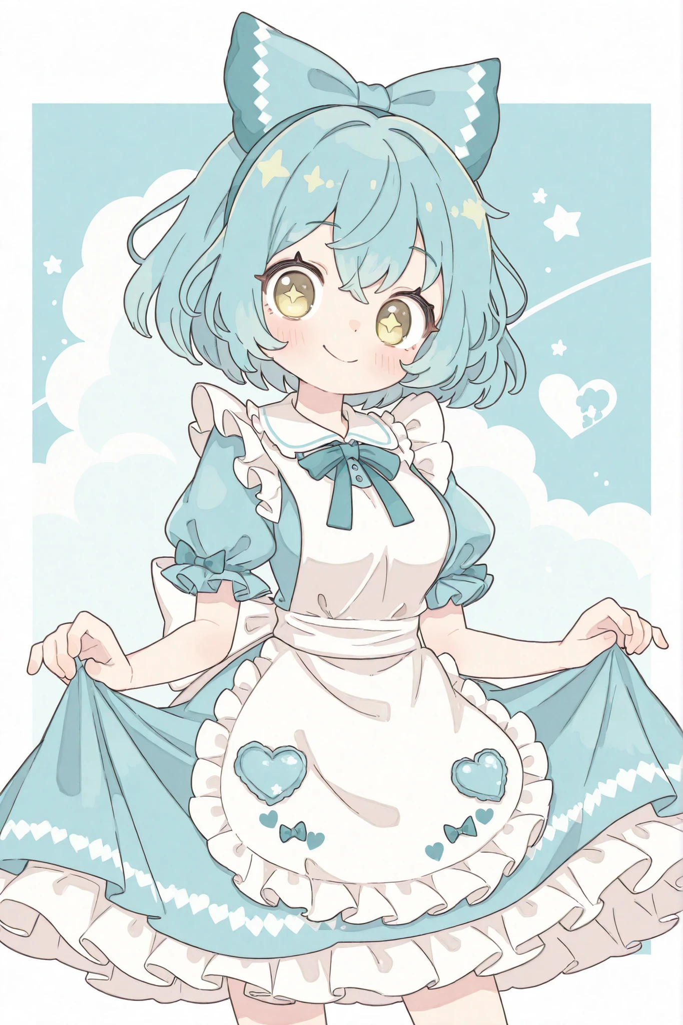 solo, 1girl\(cute, cute,small ,Sky blue hair,yellow eyes,detailed pupils, Wear a dress\(Alice in Wonderland\), big eyes,smile,cute pose,,covered in fur,anthro,dynamic angle\). BREAK .Background\(simple,cute,Sign symbol\(hearts,Star\)\). BREAK .. BREAK .masterpiece, high score, Great Score, very aesthetic, high resolution, Super Detailed, 非常にhigh resolution, Newest,big breasts