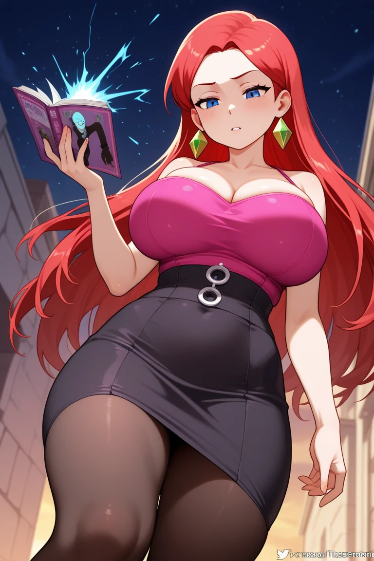 realistic image, coherent image, detailed image, 1 beautiful elf, She has red hair, loose hair with star-shaped accessories, blue eyes, her face is oval and delicate, Blushing, smiling, She is wearing a long off-shoulder sweater, slippers moccasins, She has a curvy body, large breasts, thick thighs, sexy pose, surrounded by books, black background,