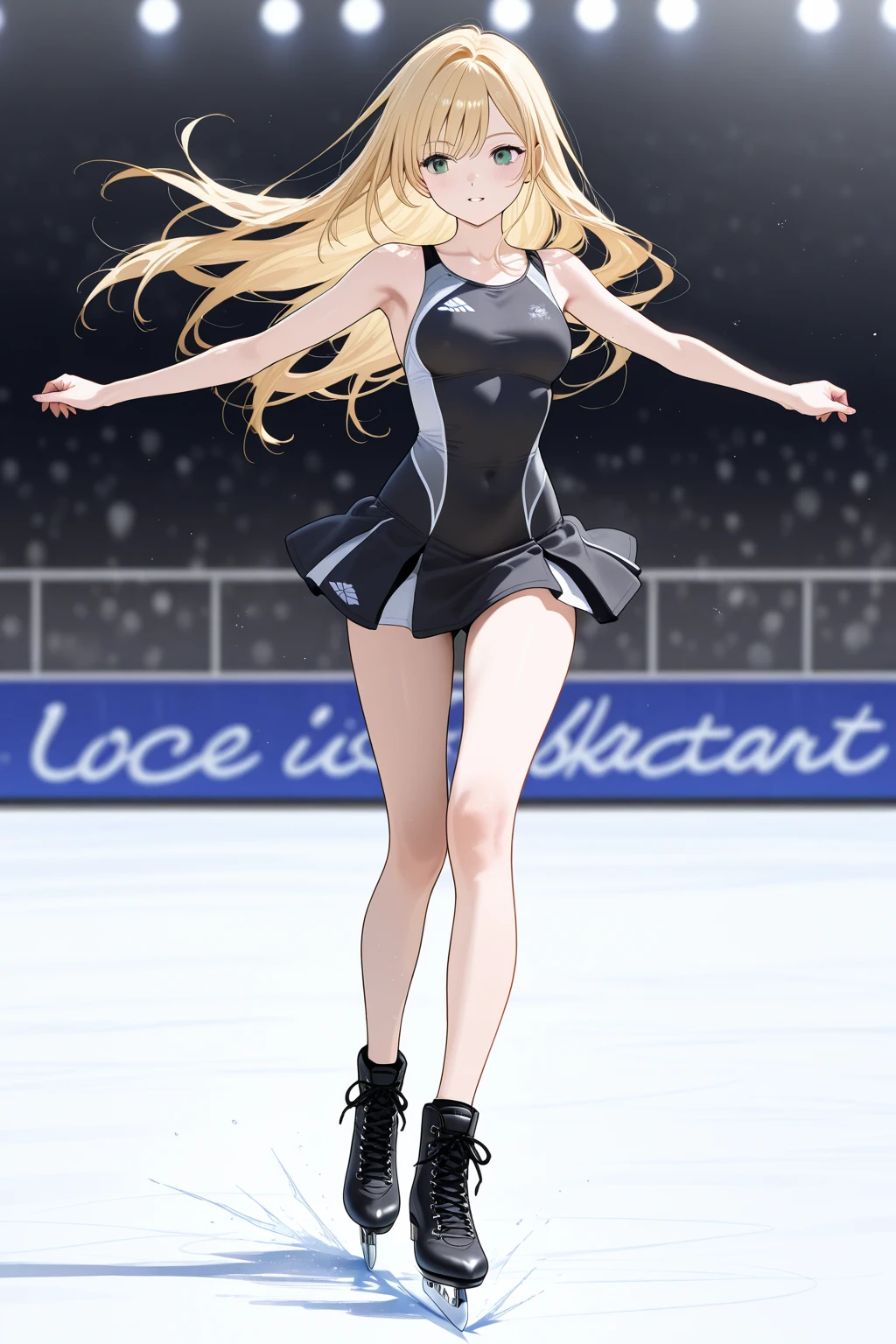 (((masterpiece))), (((best quality))), (((full body))),  (((jumping in air))), (((flying spin))), (((motion blur))), (((spiral lines))), ((dancing on grand ice skating exhibition)), (((raise leg))), (((raise skates))), (((raise arm))), (((dark red see through floral print lace qipao))), ((detached sleeves)), cinematic light, countless crowd, wind, night, solo, 1girl, (((blonde hair))), ((very long hair)), updo, ribbon, high neck, collar, (((big tits))), enjoy, smile, shy, blush, (((petite figure))),  ((hair flows upwards)), (face towards the sky), <lora:girllikeflyingspin:1>