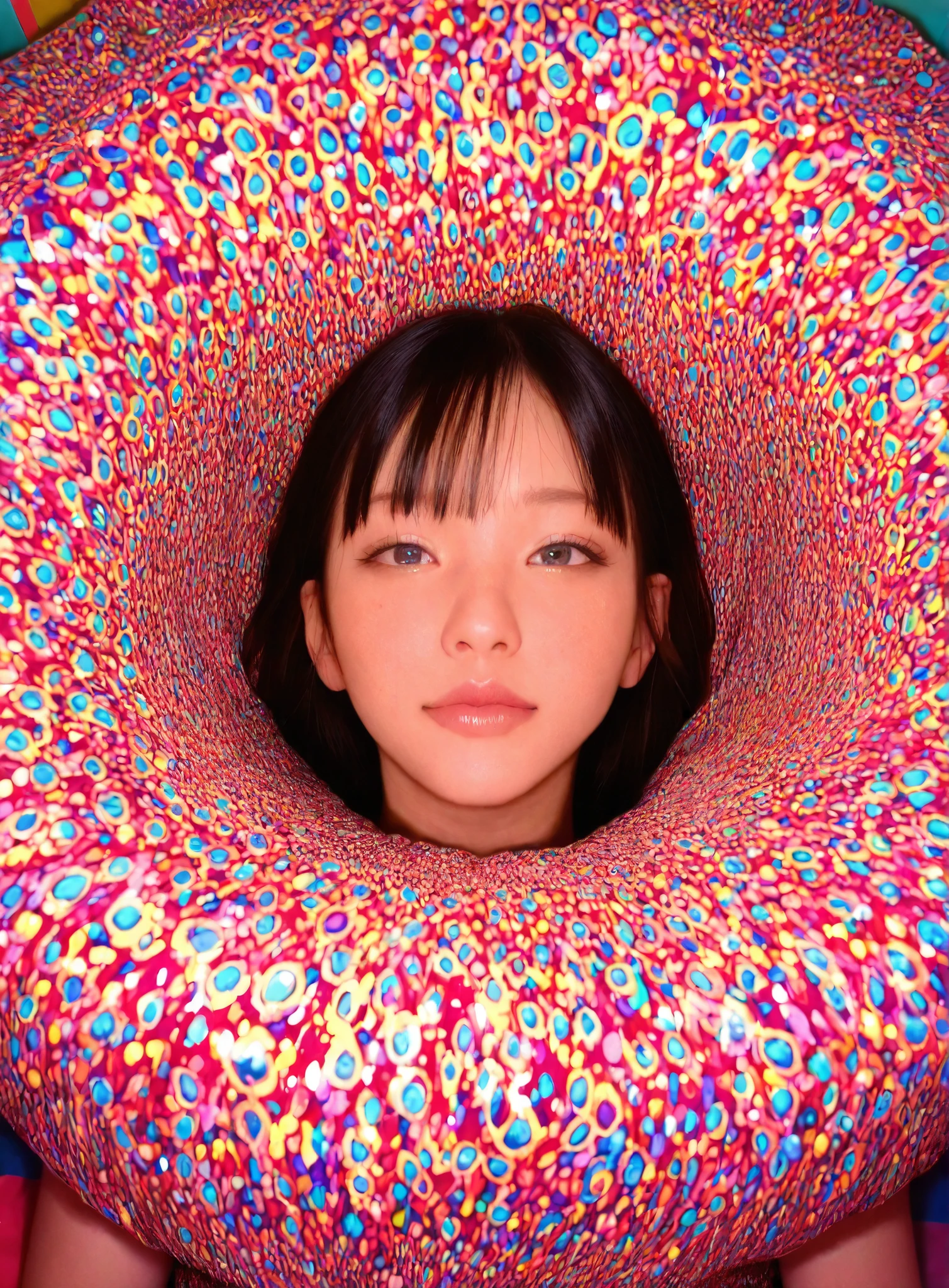 masterpiece, amazing quality, skin details, amazing quality, absurdres, detailed shadows, 
(photorealistic:1.3), (realistic), from above, face focus, close up face,
Pajama, in pajama party, indoor, in colorful room,