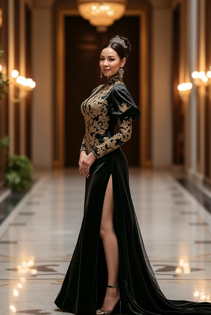 ((Highest quality)), ((masterpiece)), (detailed), A 36-year-old Japanese actress wearing a plain white, very thin, knee-length, short-sleeved ao dai、Black mid-length ponytail、A goddess-like beautiful body and legs、White skin、Beautiful thighs、A street food stall in the middle of the night in heavy rain in Hanoi