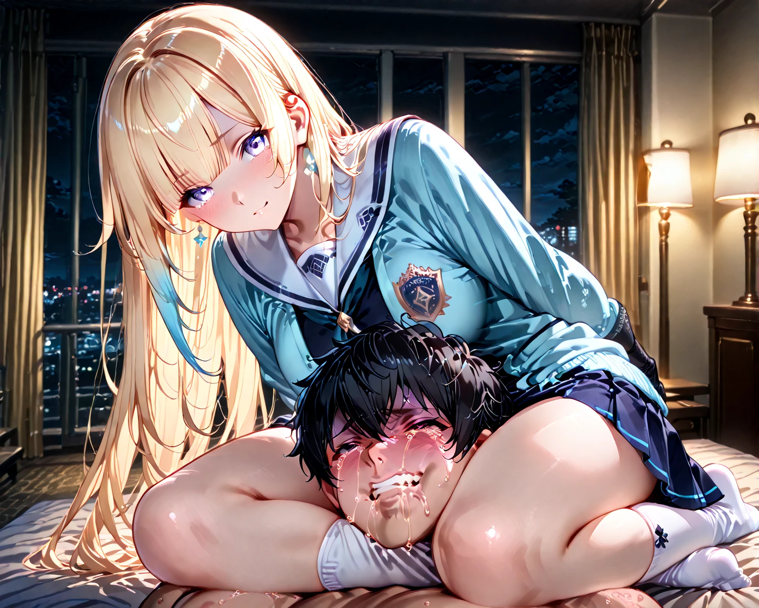 (masterpiece, best quality, ultra-detailed, high resolution, detailed eyes), nsfw, {{{{from side}}}}, takeda hiromitsu style, (1girl), {school uniform, sailor suit}, curvy body, large breast, tall, blonde long hair, curly hair, looking at viewer, blindfold, embarrassed, drool, collar on leash, on all fours, spread legs, skirt lift, showing anal, anal beads, vibrator, class room, sweaty skin, (faint light:1.0), love juice, ass up, orgasm, (trembling:1.3)