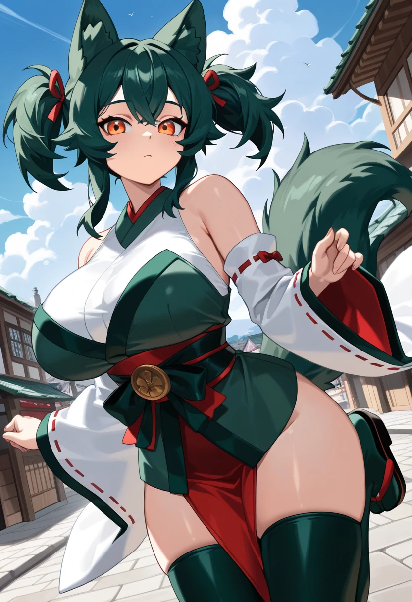 Zaphn, incredibly absurdres, best quality, 8k wallpaper, highly intricate details, front and rear views of naked girl, from front and behind, completely nude, 1girl, (Red skin:1.0), dark green hair, triple bun, wispy Bangs, red eyes, torogao, cheeks look flushed, eyebrows are slanted downwards towards the sides, eyes are half-open, half-open mouth, medium breasts, perky breasts, cleavage, nipples, pussy, (perfect pussy:1.0), rear view, from behind, ass, back, median furrow, thighs, white background, simple background