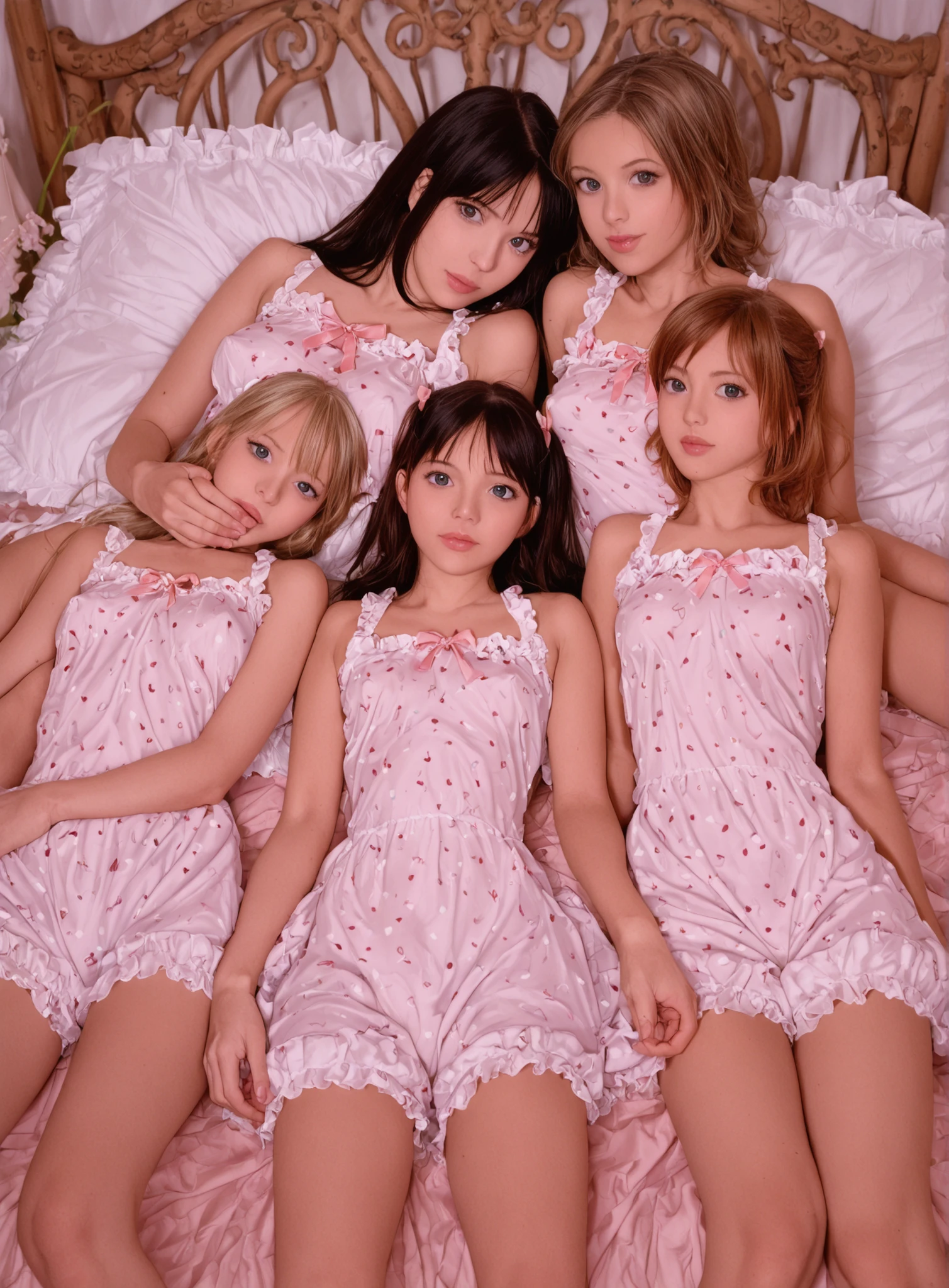 Girls group and 1boy, girls, erect nipples, (European:1.2), in pajama party,