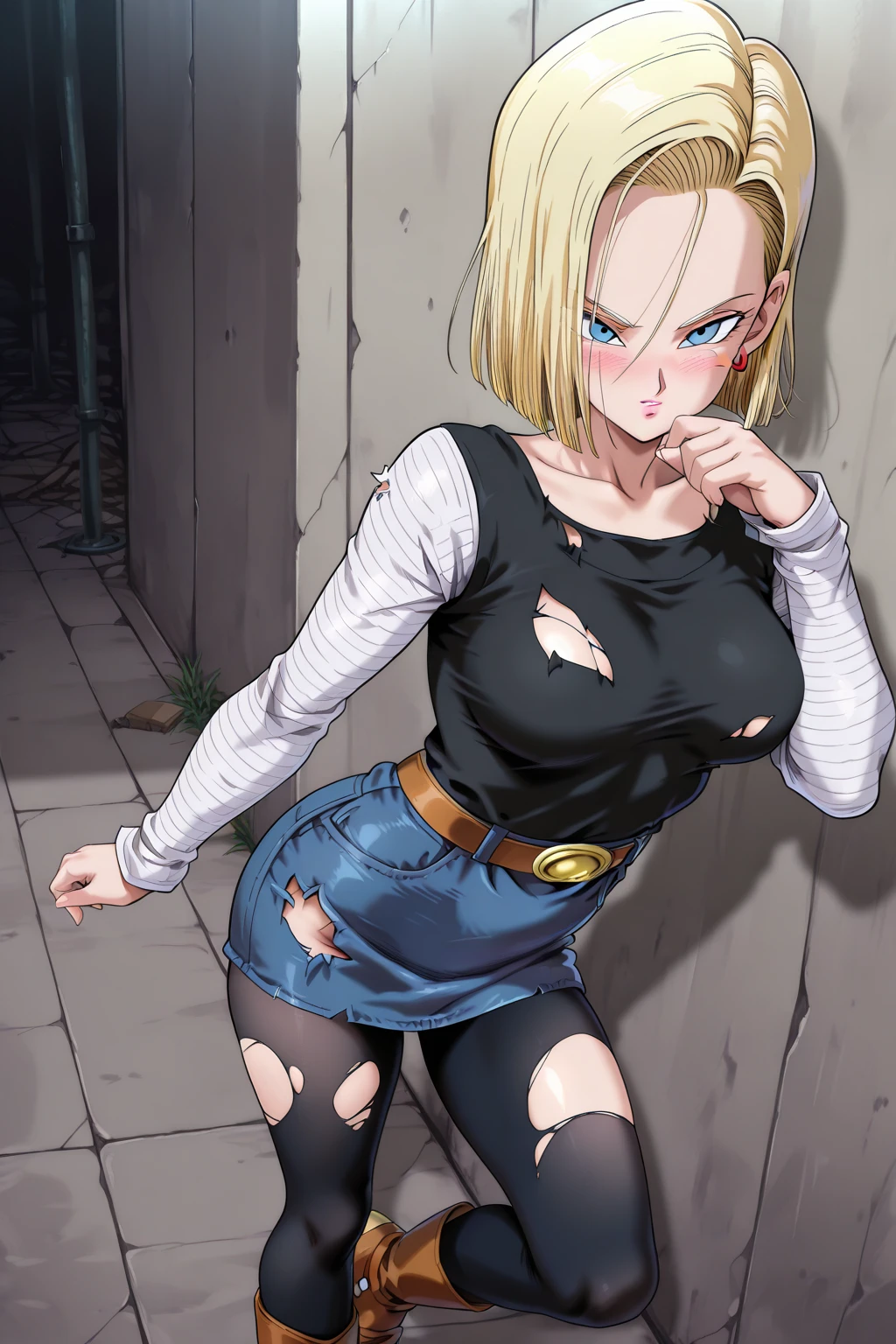 ​masterpiece, (Photorealsitic:1.4), top-quality, beautiful  lighting,Android18DB, 独奏, 耳Nipple Ring, jewely,  ((embarassed expression)), The shirt, a belt, ,((Black pantyhose))、 denim_Skirt, Raw photography, 8K UHD, film grains,(((Clothes are see-through)))、panties on、((lift up one's skirt))、high-heels、(((the whole body is wet)))、all-fours、((bra very))