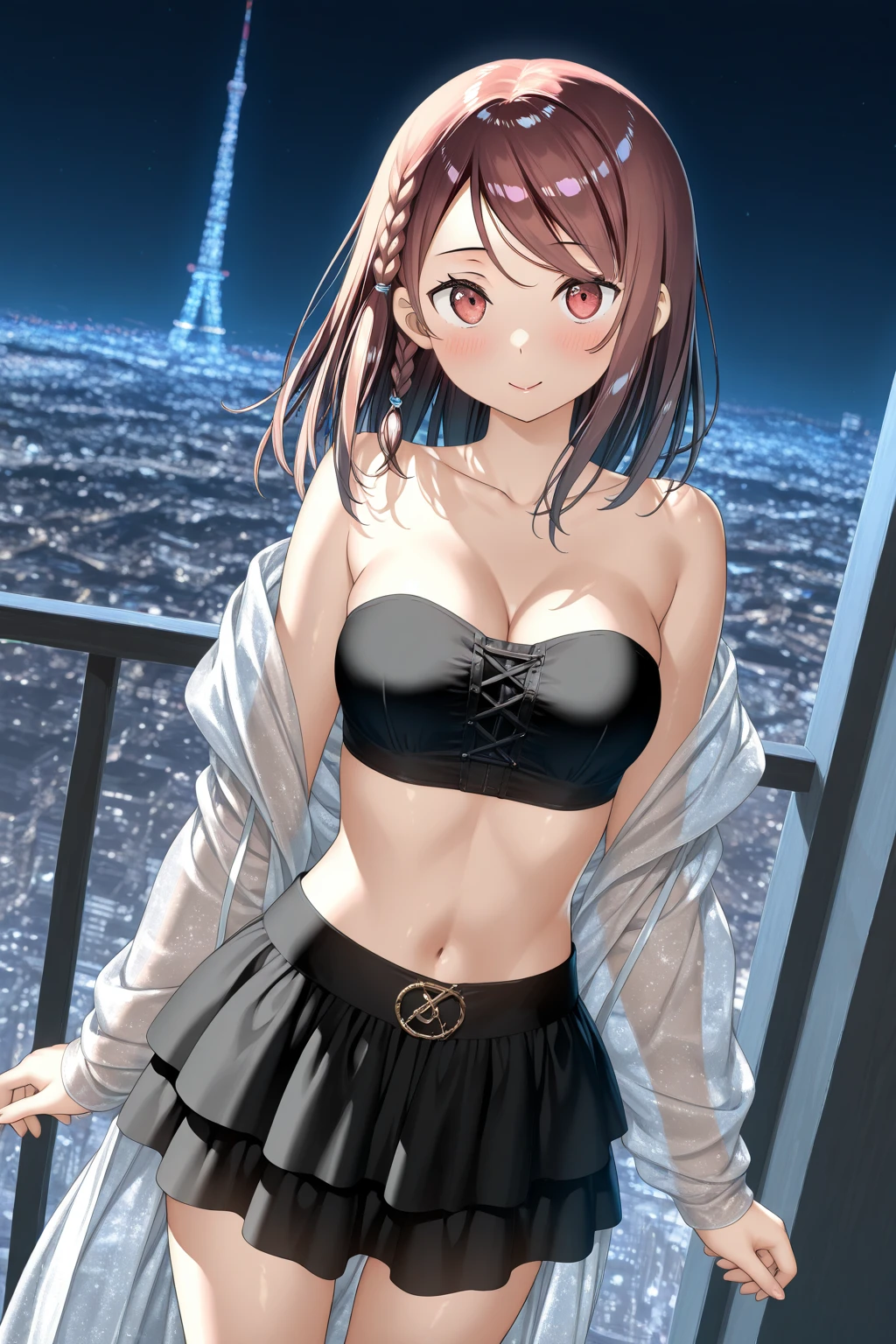 ((masterpiece,High resolution,Highest quality,8k)) Utaha Kasumigaoka,  BREAK, female, dark hair, red eyes, BREAK, ample breasts, slender, bare collarbone BREAK: (little black dress), (bare arms), (bare shoulders), BREAK: posing haughtily, condescending look