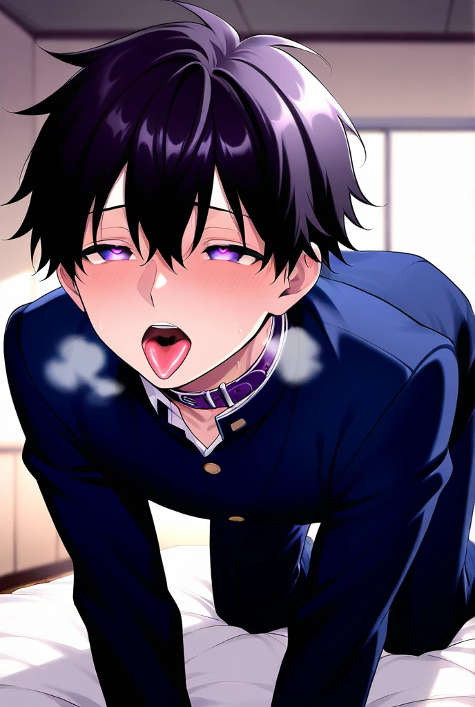 score_9, score_8_wonderful, score_7_wonderful, sauce_anime ,Seraph of the End,Glenn Ichinose,Male Focus,1 male,No pants,Auction,On all fours,Place your hands on the floor,Licking the penis,Leash color,View your viewers,Squat,humiliation,Obedience,Blue tie,blazer,Black Hair