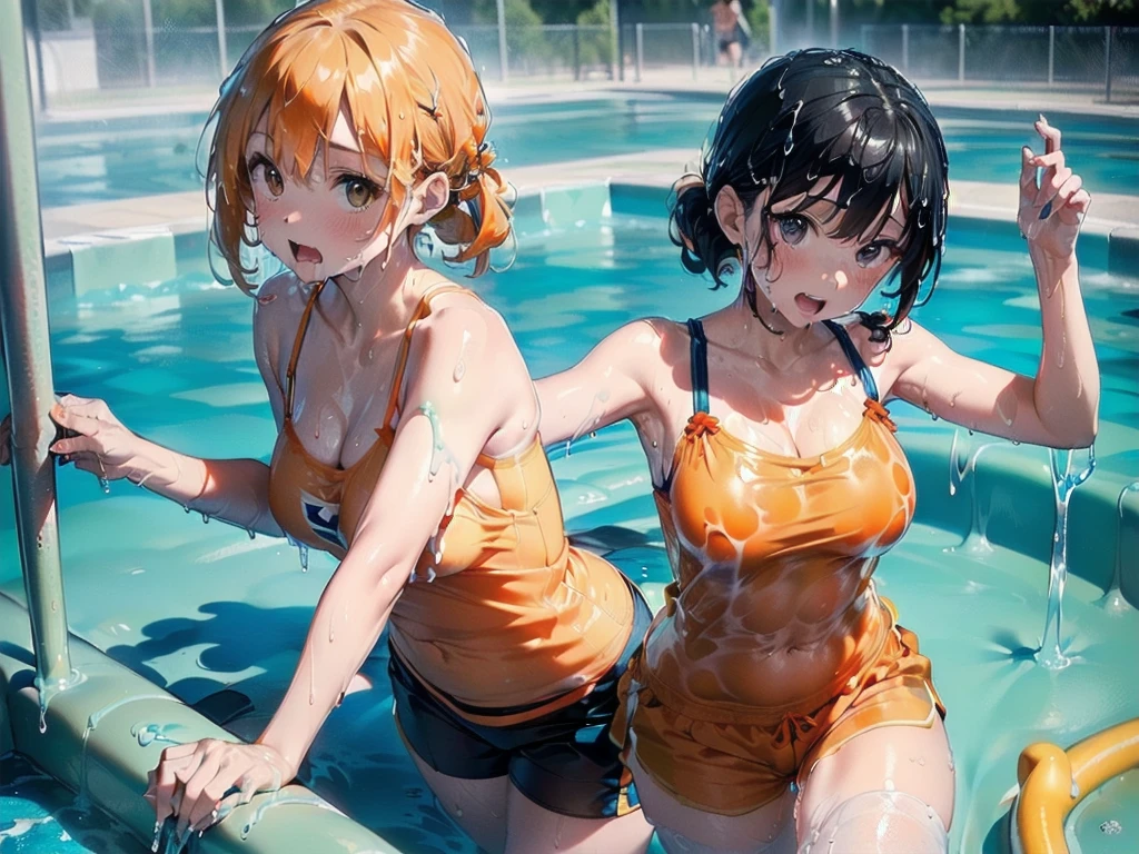 masterpiece,highest quality,real,((Po on all fours))),swimsuit((Super soaked,(navy blue mini skirt,(Orange camisole)))),(((Slimy lotion indoor pool))),((((ぬるぬるローションでSuper soaked)))),