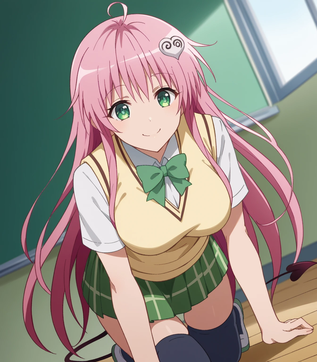laladevilluke, lala deviluke, long hair, pink hair, tail, ahoge, bangs, hair ornament, (green eyes:1.5), smile, (showing panties,skirt lift,:1.5), BREAK demon tail, green skirt, plaid, plaid skirt, sainan high , , skirt, sweater vest, thighhighs, (yellow sweater:1.5), short sleeves, bow, (green bow:1.5) BREAK indoors, classroom, BREAK looking at viewer, (cowboy shot:1.5), BREAK (masterpiece:1.2), best quality, high resolution, unity 8k wallpaper, (illustration:0.8), (beautiful detailed eyes:1.6), extremely detailed face, perfect lighting, extremely detailed CG, (perfect hands, perfect anatomy),