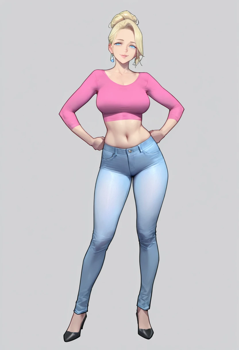A sexy beautiful beauty girl with big breasts, long brown hair, her brown eyes are wearing a dark pink top, showing her belly button, and a long blue pants with black heels.