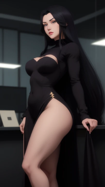 "Anime character girl, 18+, elegant black hair, mesmerizing black eyes, captivating beauty, gracefully proportioned, expressive features, alluring charm, tasteful attire, confident and charismatic aura, sex, long hair