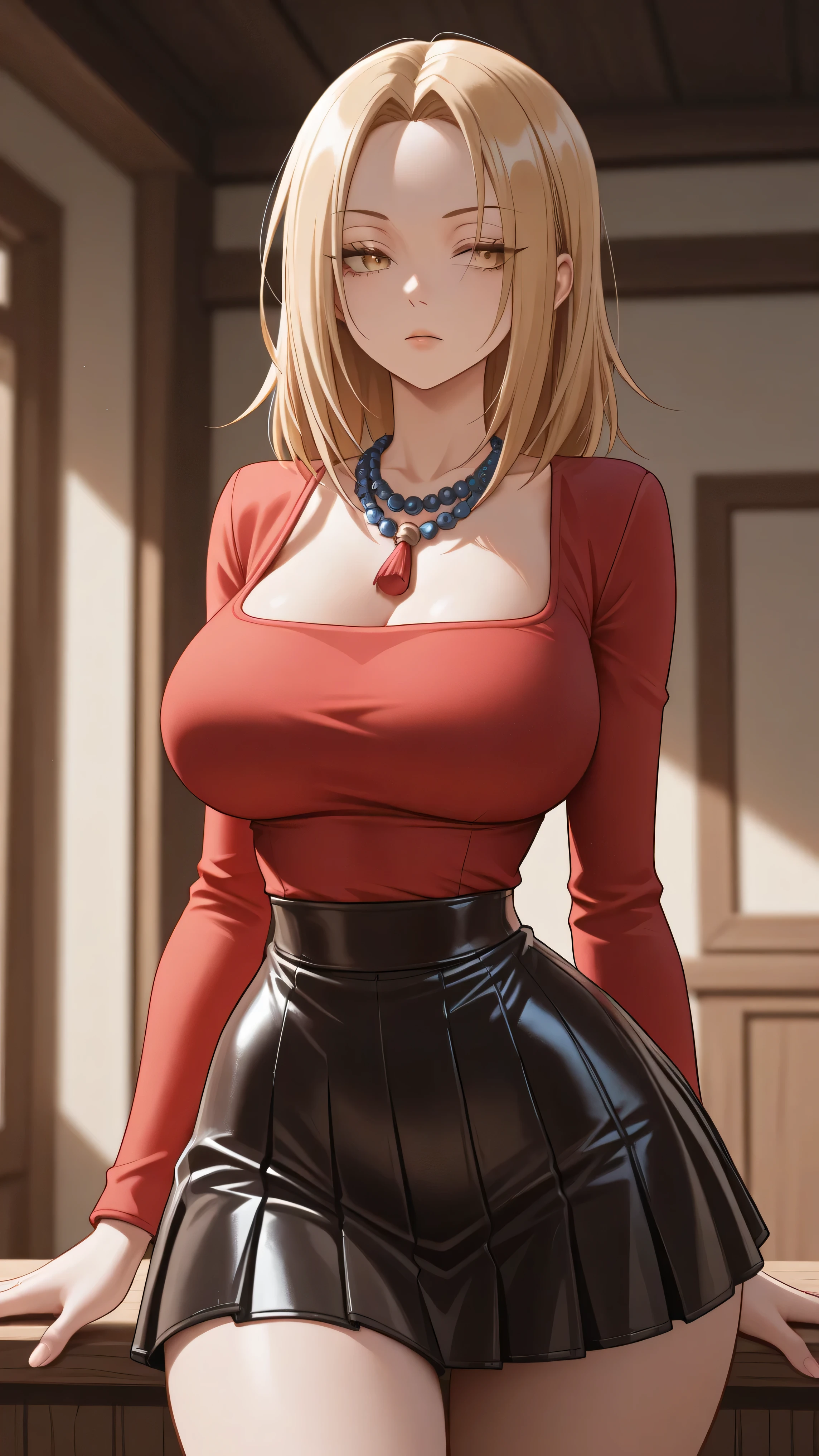 AeAnna, yellow eyes, Blonde hair, split bangs, forehead, dark blue beaded necklace, red blouse with a pronounced halter neckline, long sleeve, adjusted, black pleated leather microskirt. big breasts, narrow waist, wide hips, beautiful