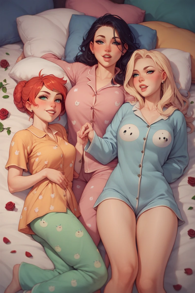 2 heads, a short skinny woman with 2 heads. In a bedroom. Laying in a bed. Topless. Gorgeous face. Cute. Happy. Young. Flirty. Goth. Messy red hair. Giant hard erect nipples. Touching breasts. Seductive. Big fake tits. Huge thighs. Enormous thighs.