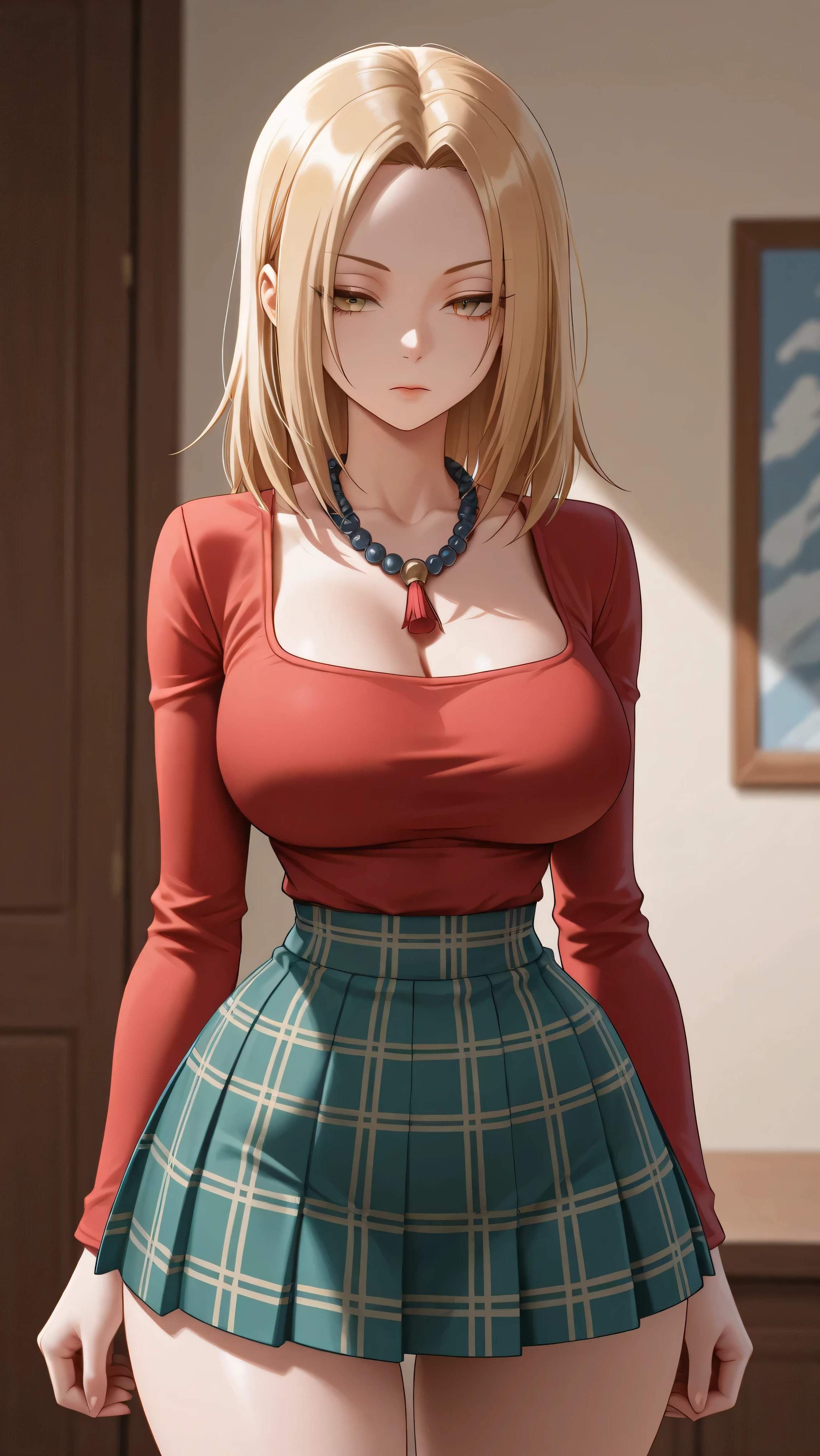 AeAnna, yellow eyes, Blonde hair, split bangs, forehead, dark blue beaded necklace, red blouse with a pronounced halter neckline, long sleeve, adjusted, green pleated microskirt in plaid. big breasts, narrow waist, wide hips, beautiful