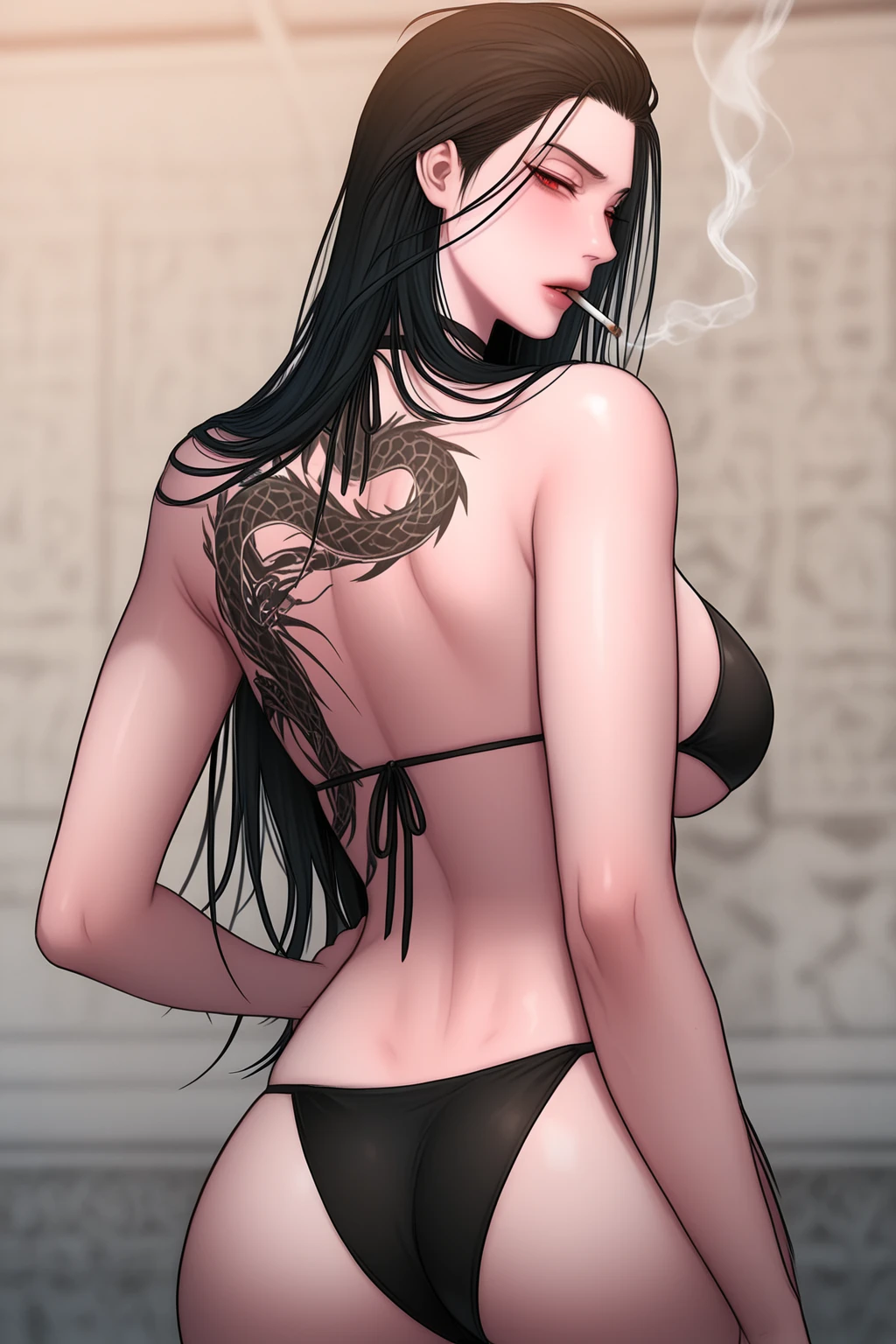 Fine and smooth long hair，Neat but loose bangs，Beauty and snakes，Black python on body，smooth snake that anaconda，(Python clings to skin:1.08)，Upper Body，(Lace Bikini:0.8)，Licking his lips，Close your eyes，Hollywood special effectasterpiece，European beauties under soft light effect，(Cleavage:0.9)，HD Wallpapers，Background blur，Tropical rainforest background，warm feeling