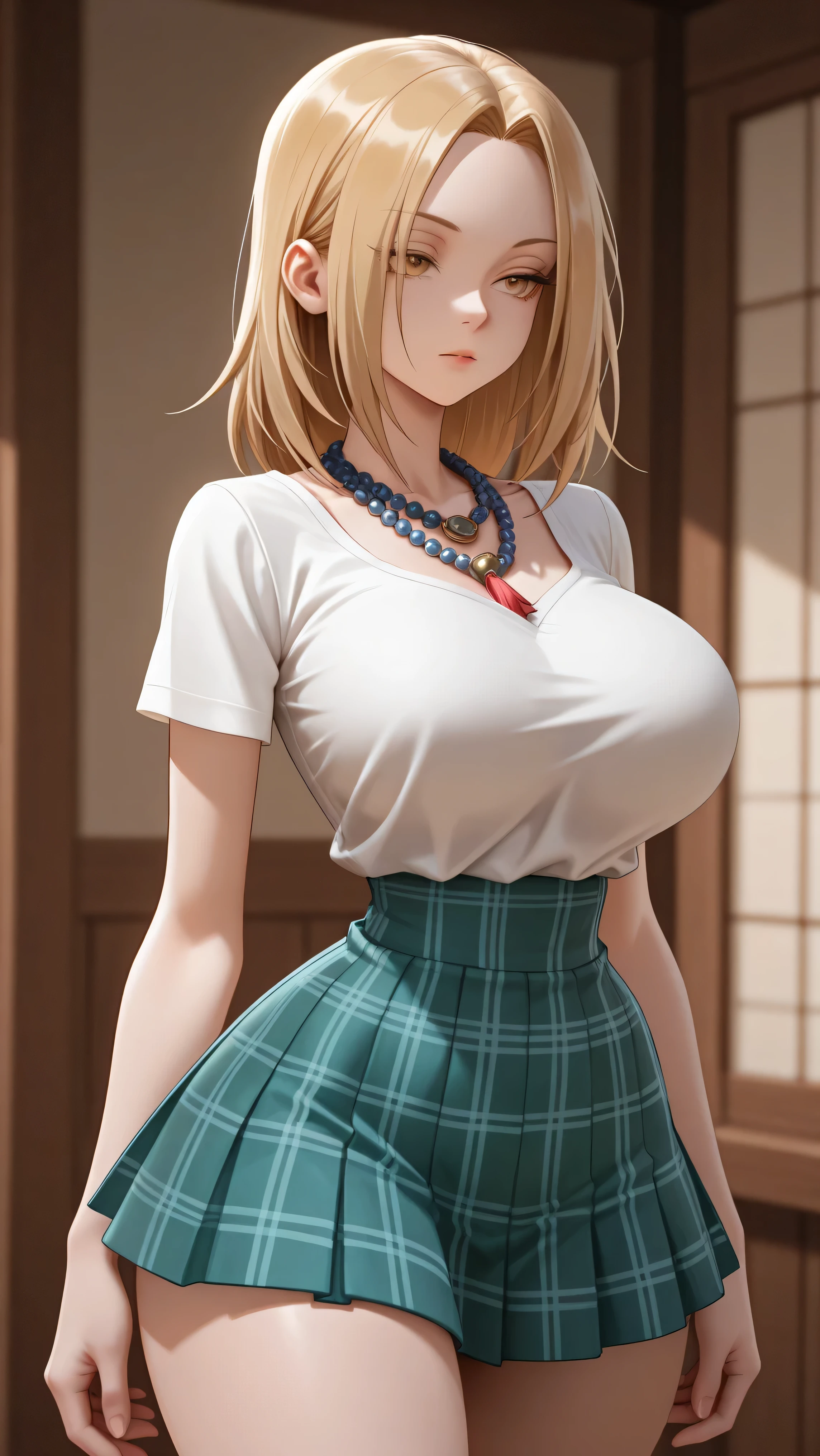 AeAnna, yellow eyes, Blonde hair, split bangs, forehead, dark blue beaded necklace, white blouse with pronounced halter neckline, short sleeve, green pleated microskirt in plaid. big breasts, narrow waist, wide hips, beautiful