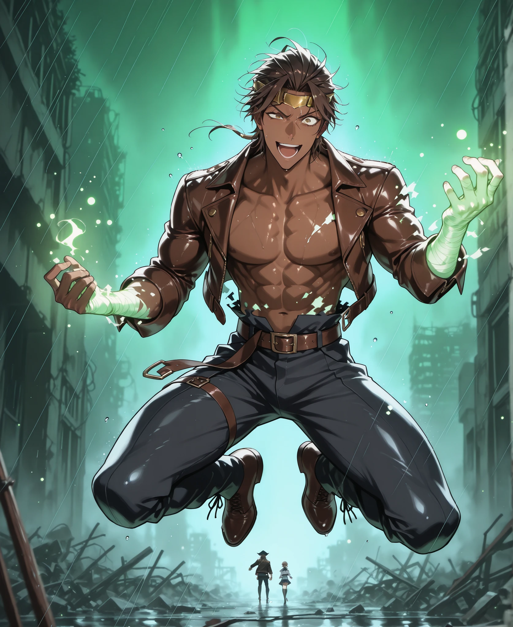 "Handsome 18yo lightly muscular Indian male,, dark skin glistening with rain,, tattered school uniform DISSOLVING into glowing particles,,Pirate naval leather jacket beneath,, ONE EYE BLAZING SEA-GREEN LIGHT, other dark brown,, GHOSTLY BIOLUMINESCENT CUTLASS in right hand,, raindrops suspended mid-air,, Dystopian Tokyo ruins,, Dynamic pose,, muscles tense,, expression excited,, full body,, Ghostly Cutlass in hand