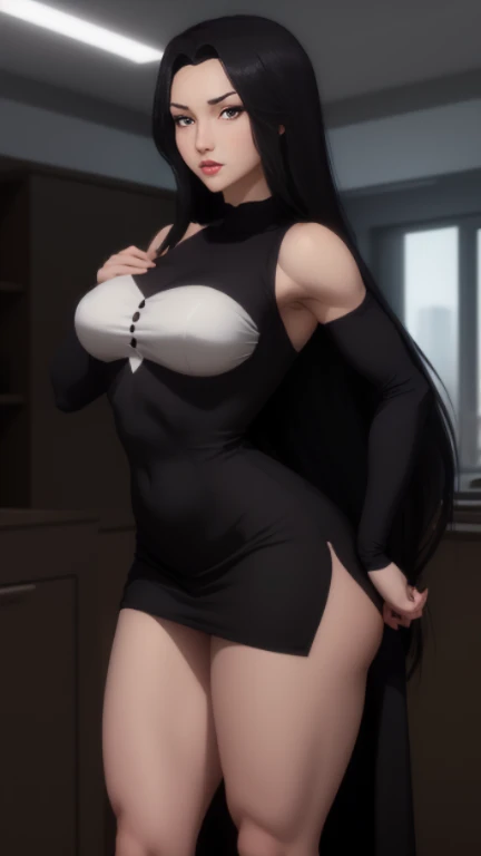 masterpiece, high resolution, beautiful woman, Korean Beauty, 30 years old, black sleeve less sweater, mini pencil skirt, beautiful woman, night hotel, standing and looking at me, high resolution face, (high resolution eyes), black hair, white skin, curvy