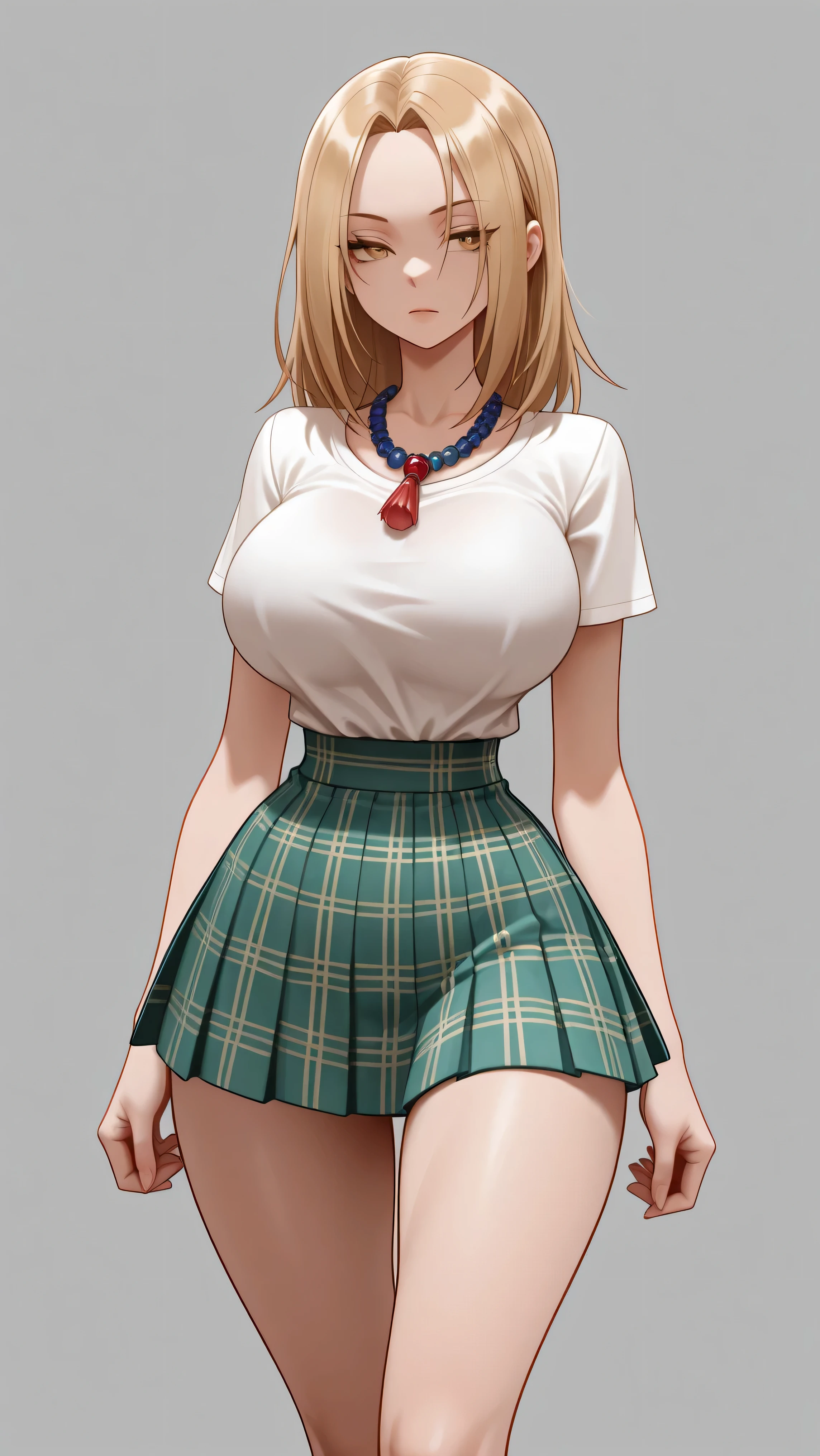 AeAnna, yellow eyes, Blonde hair, split bangs, forehead, red beaded necklace, low-cut white shirt, short sleeve, green pleated plaid miniskirt. big breasts, narrow waist, wide hips, beautiful