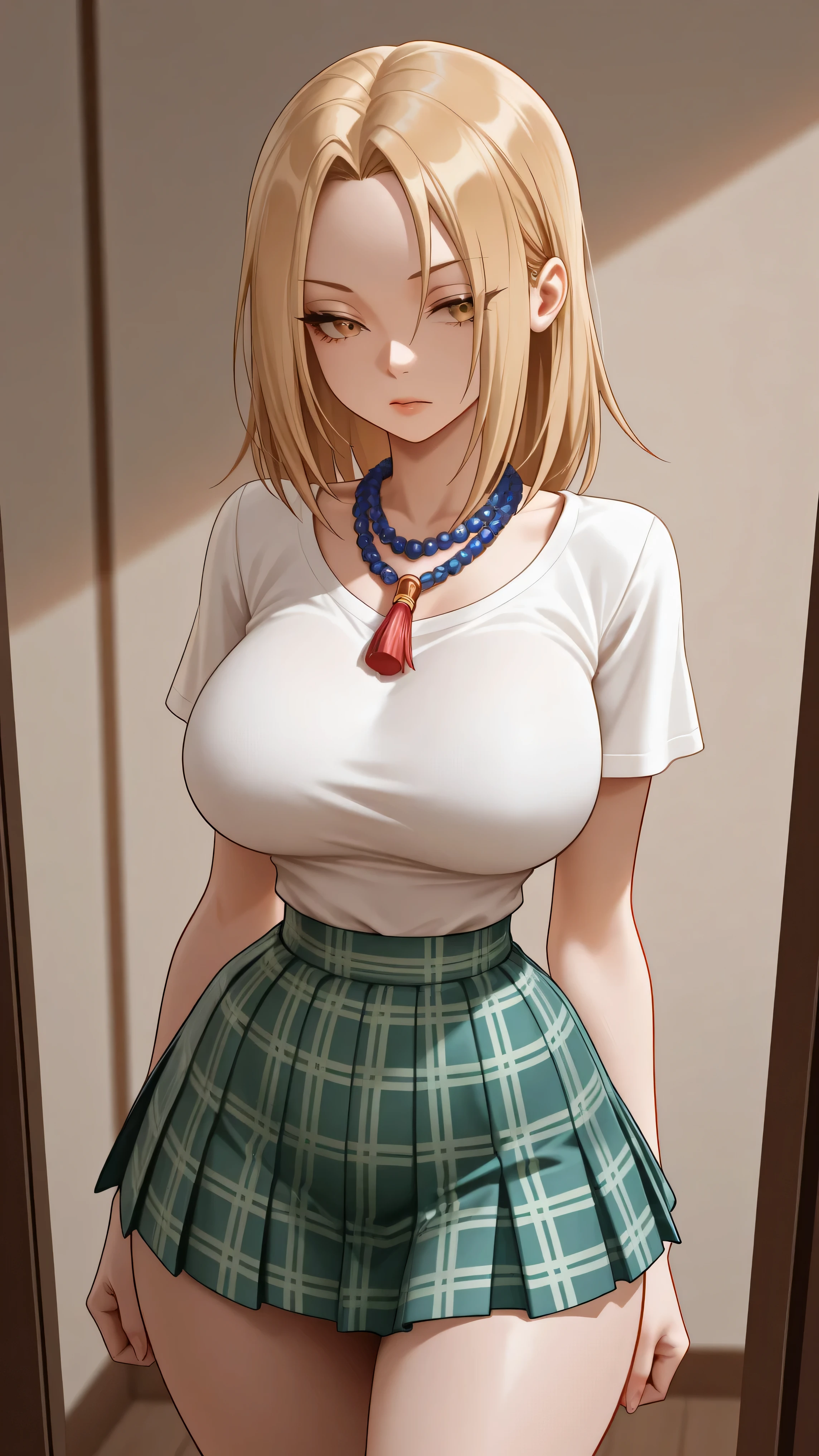 AeAnna, yellow eyes, Blonde hair, split bangs, forehead, red beaded necklace, low-cut white shirt, short sleeve, green pleated plaid miniskirt. big breasts, narrow waist, wide hips, beautiful