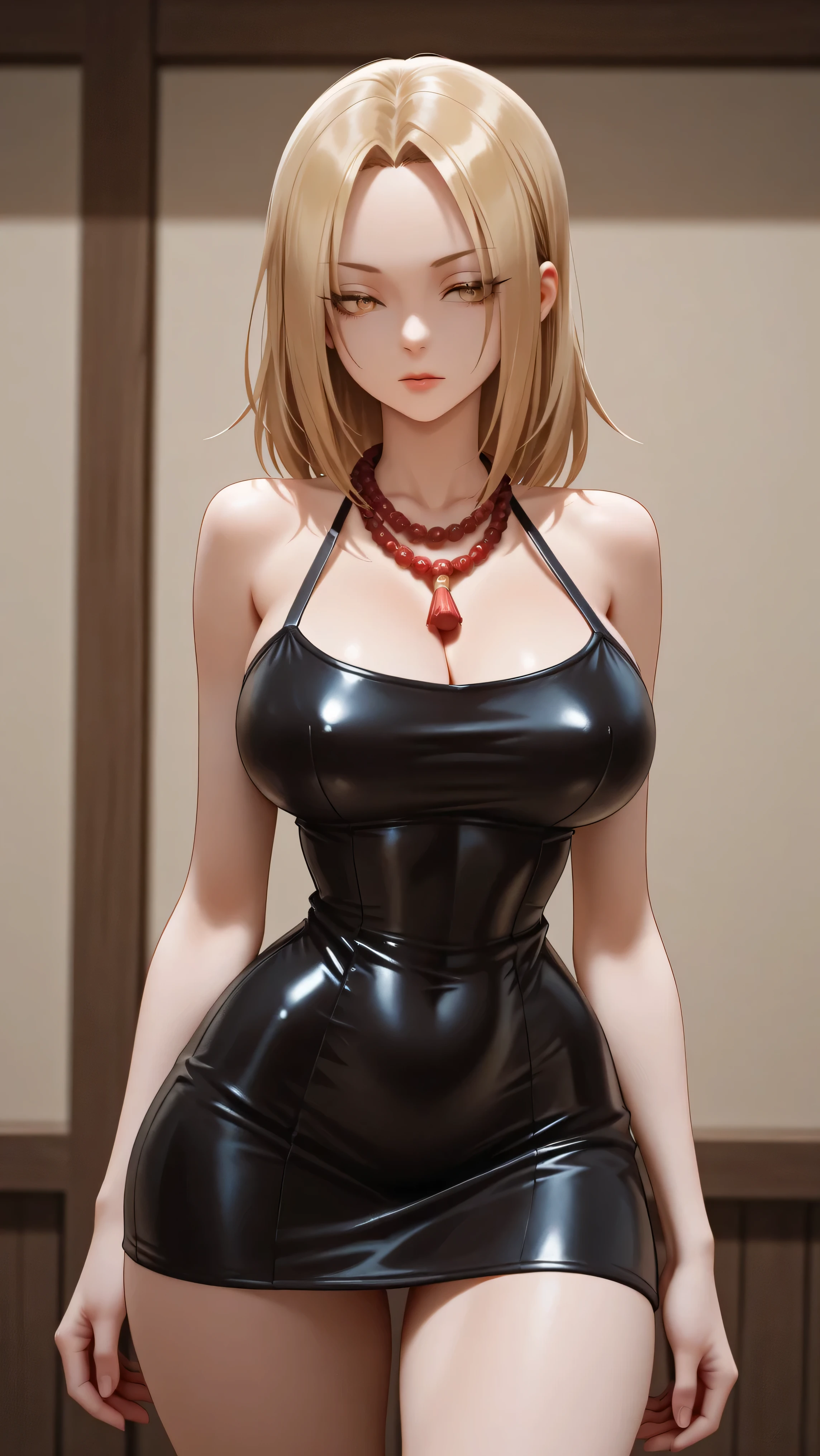 AeAnna, yellow eyes, Blonde hair, split bangs, forehead, red beaded necklace, sleeveless black leather mini dress, Halter neckline, big breasts, narrow waist, wide hips, beautiful