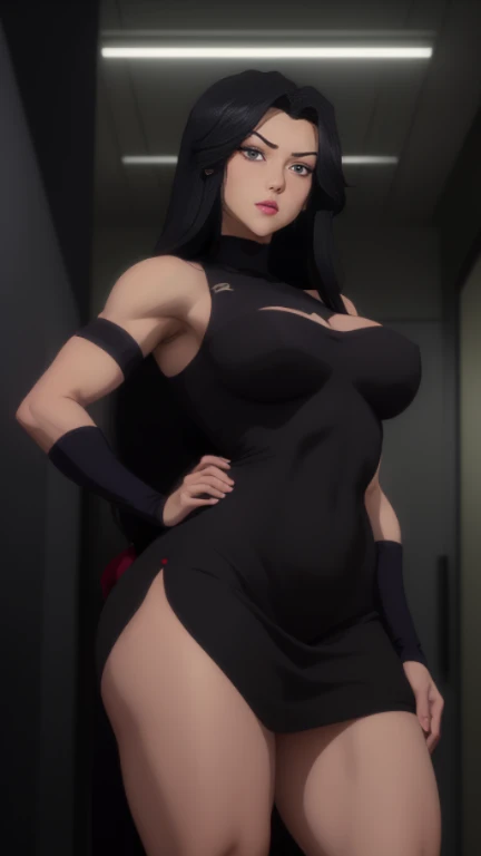 professional artwork, Intricate Details, sharp focus, detailed painting, photorealistic lighting, trending on pixiv, Standing at attention, ((black outfit ,yellow collared shirt,black and red bodysuit,skin_tight,black legwear, black pantyhose, Side_boob)), (((fully suited:1.5))) black hair,very long hair, Bangs,yellow eyes,makeup, lipstick, 40yo,mature female,Beautiful Finger,Beautiful long legs,Beautiful body,Beautiful Nose,Beautiful character design, perfect eyes detail, perfect face, looking at viewer,official art,extremely detailed CG unity, perfect lighting,Colorful, Bright_Front_face_Lighting, (masterpiece:1.0),(best_quality:1.0), ultra high res,ultra-detailed, photography, 8K, HDR, highres, absurdres:1.2, Kodak portra 400, film grain, blurry background, bokeh:1.2, lens flare, (vibrant_color:1.2) (Beautiful,large_Breasts:1.4), (beautiful_face:1.5),(narrow_waist), (solo:1.4), ((cowboy shot:1.4)), annerose:1, (angry, pretty, yandere:1),